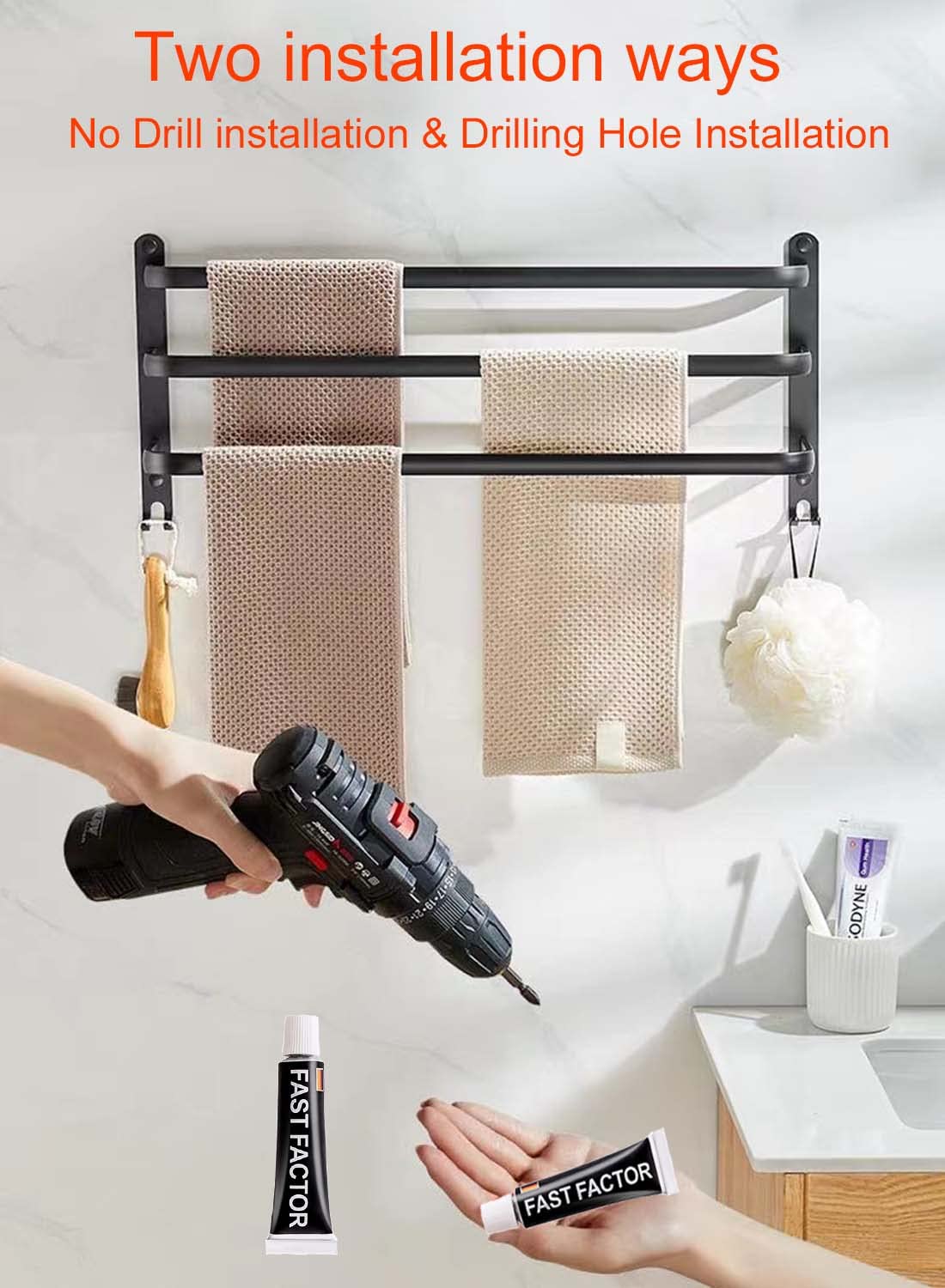 60CM Towel Bar Towel Rack Bathroom, Bathroom Accessories Set, 60cm Bathroom Towel Holder, Bathroom Black Towel Bar Hand Towel Holder Bathroom Towel Rack Wall Mount