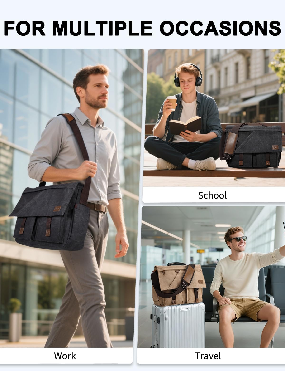 Messenger Bag for Men Women,Kasqo 15.6 Inch Large Canvas Laptop Bag Water Resistant Shoulder Bag Satchel Computer Briefcase for Office Business Travel School Dark Gray