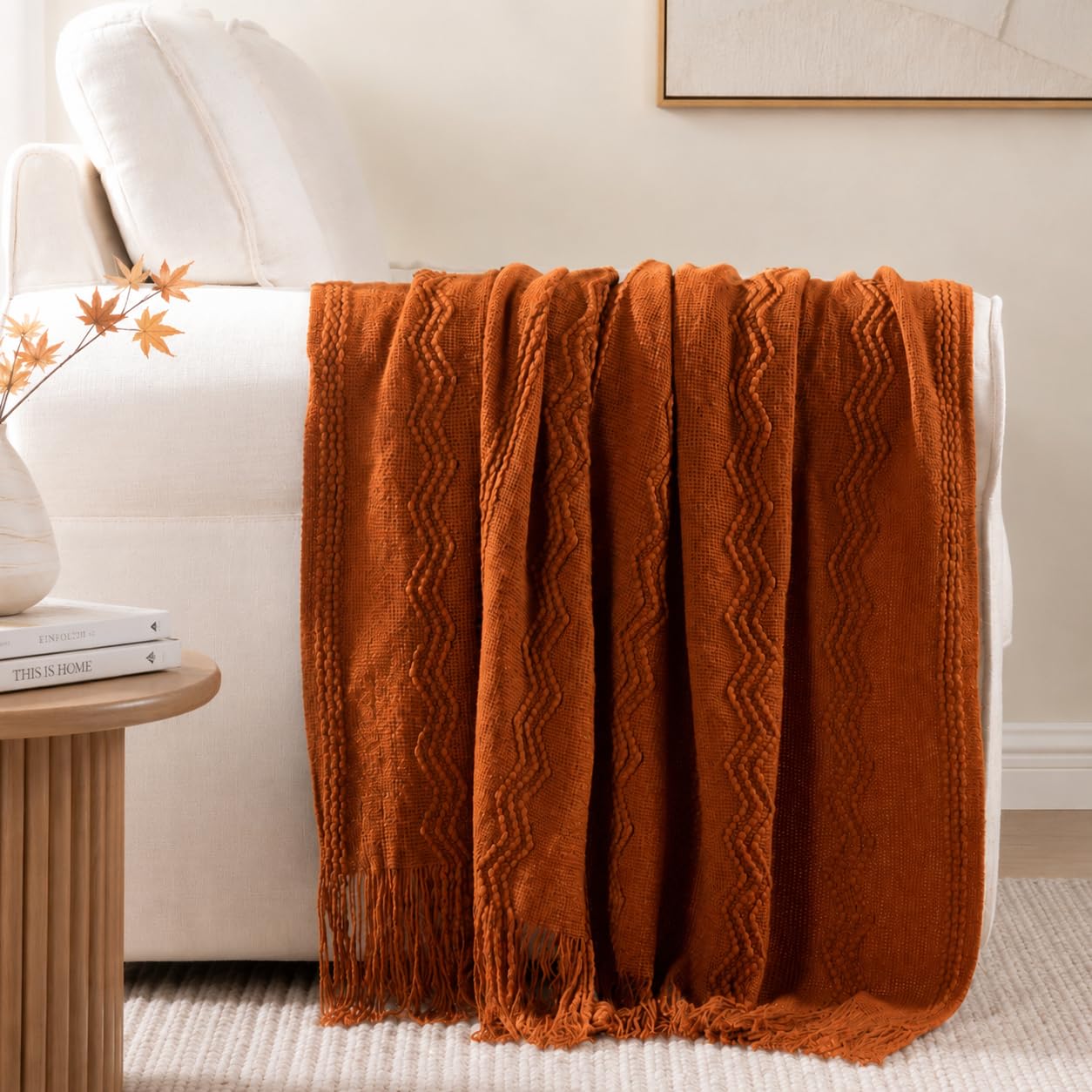 BATTILO HOME Caramel Throw Blanket with Fringe Geometric Bed Throws Spring Decorative Large Throw for Couch Sofa Indoor Outdoor (Caramel, 50 inch x60 inch )