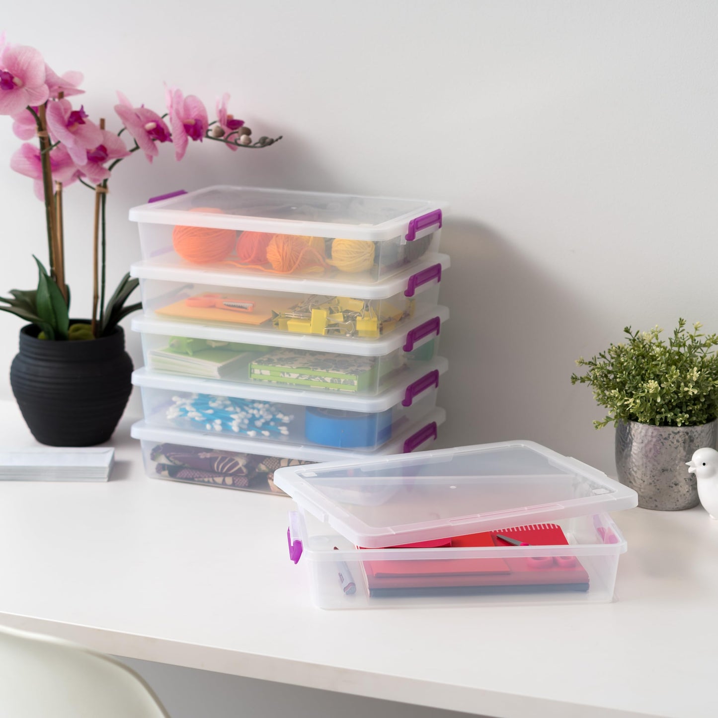 IRIS USA 6 Quart Clear Plastic Modular Storage Bins with Secure Latching Buckles, Organizing Container with Durable Lids, Stackable and Nestable, Large, Clear/Violet, 6 Pack