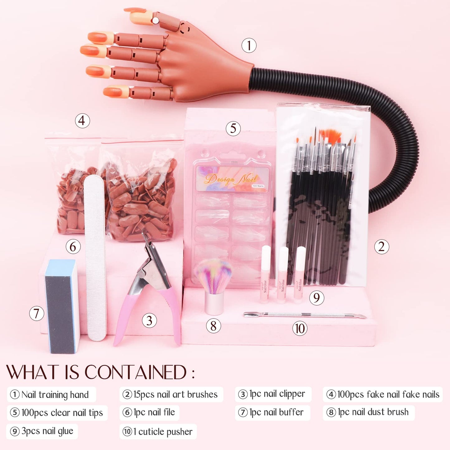 SAVILAND Nail Practice Hand for Acrylic Nails, Flexible Moveable Fake Manicure Trainng Hand Nail Kit for Beginners with Nail Tips, Nail Clipper, Nail Art Brushes, Nail Files, Home DIY