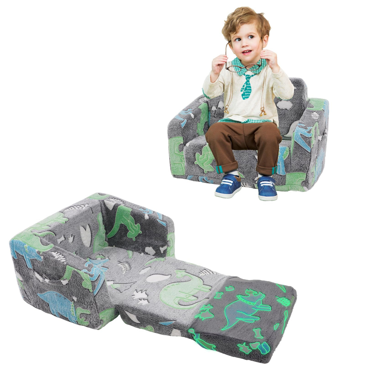 Toddler Couch, Foldable Toddler Chair, Kids Couch 2 in 1, Pull Out Bed Kids Sofa for Playroom, Removable Cover Armrest, Glow in The Dark Open Couch, 91 cm Length (Grey Dinosaur)
