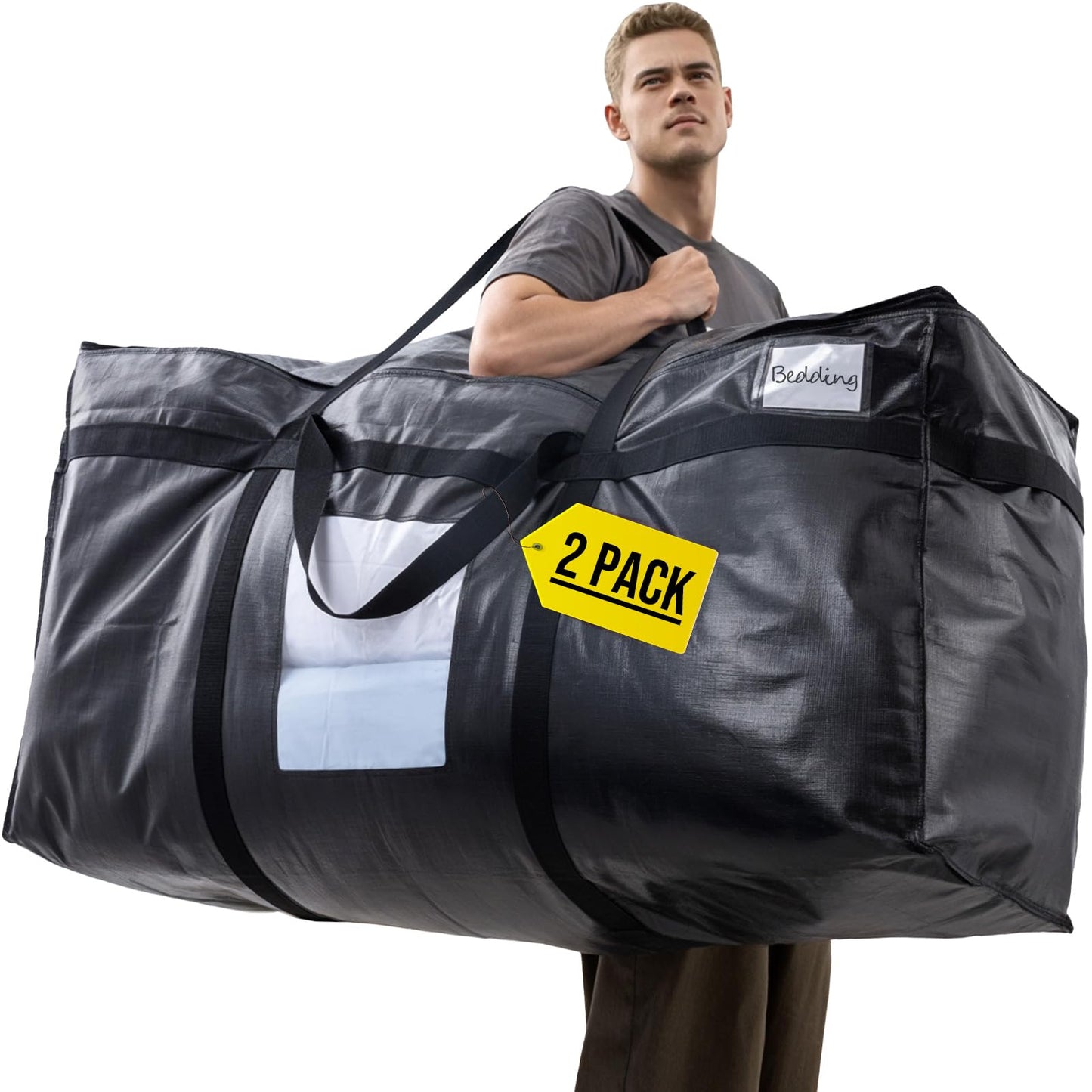 TAILI 69 Gallon Extra Large Storage Bags, XXL Black Heavy Duty Moving Bags for Storage with Visible Window, Wrap Around Handles, Totes for Space Saving, Alternative to Moving Boxes (2 Pack)
