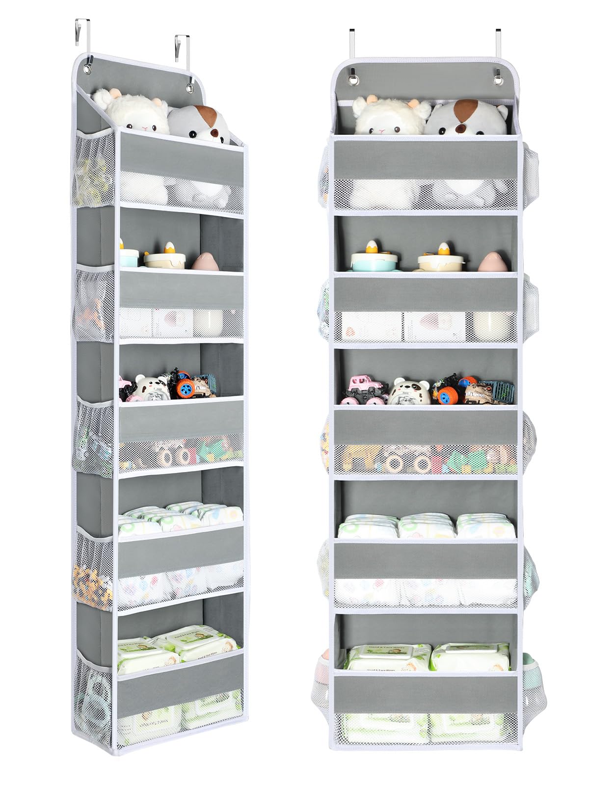 Yecaye 2 Pc Over The Door Organizer with 10 Side Pockets, 44lbs Load Hanging Bathroom and Bedroom Organizer, Behind the Door Hanging Organizers for Nursery Newborn Baby Essential Stuff, 5 Tier Grey
