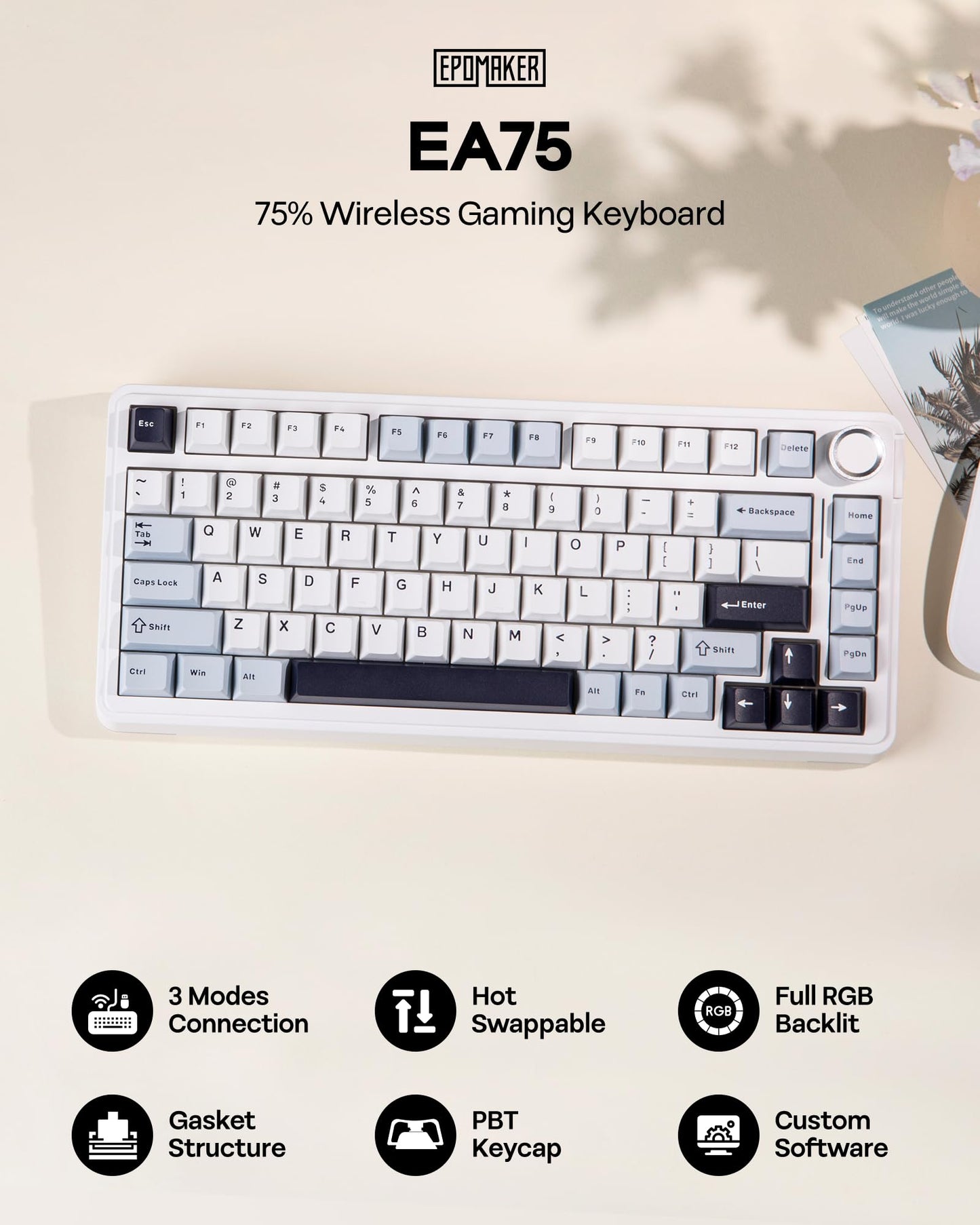 EPOMAKER EA75 75% RGB Gaming Mechanical Keyboard, 2.4GHz/Type-C/BT Creamy Wireless Keyboard with Knob, Shine Through PBT Keycaps, Hot Swappable for Gamers (Light Blue, Reaper Switch)