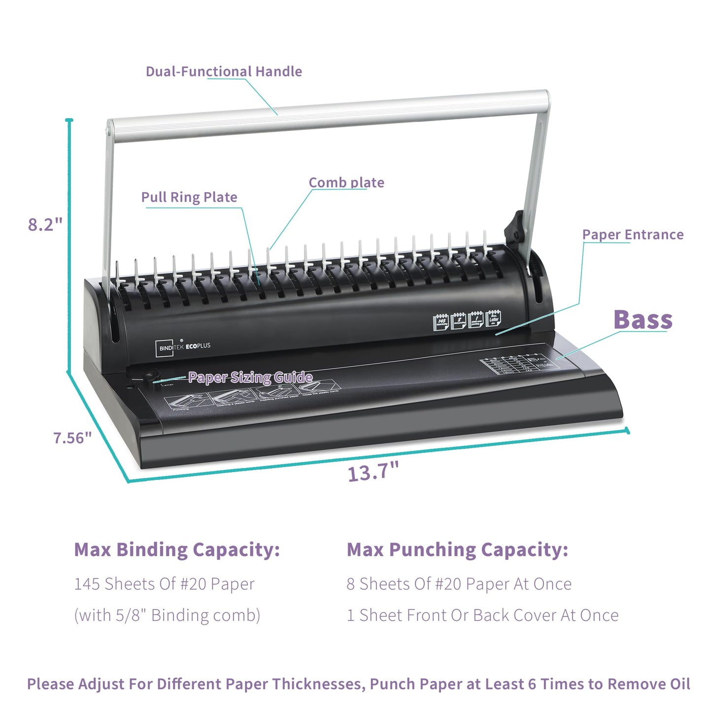 Binditek Binding Machine, 19-Hole, 145 Sheets, Comb Binder Machines with 30 PCS 1/2" Binding Combs, for Letter Size, Fixed Margin
