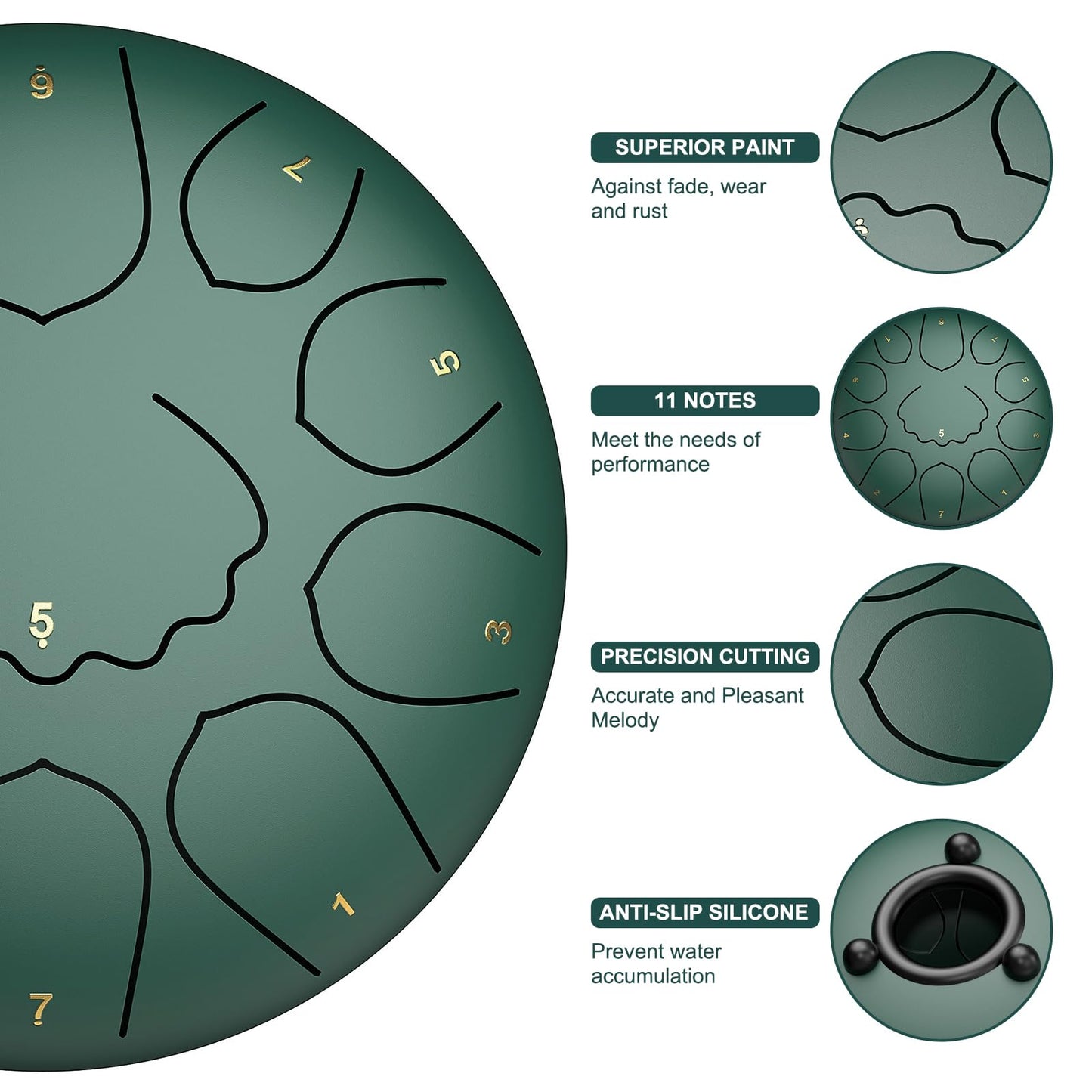 Rain Drum for Outside Garden, 8 Inches 11 Notes Steel Tongue Drum, Waterproof Meditation Rain Chime, Musical Instruments for Adult Gift with Bag, Music Book, Mallets (Green)