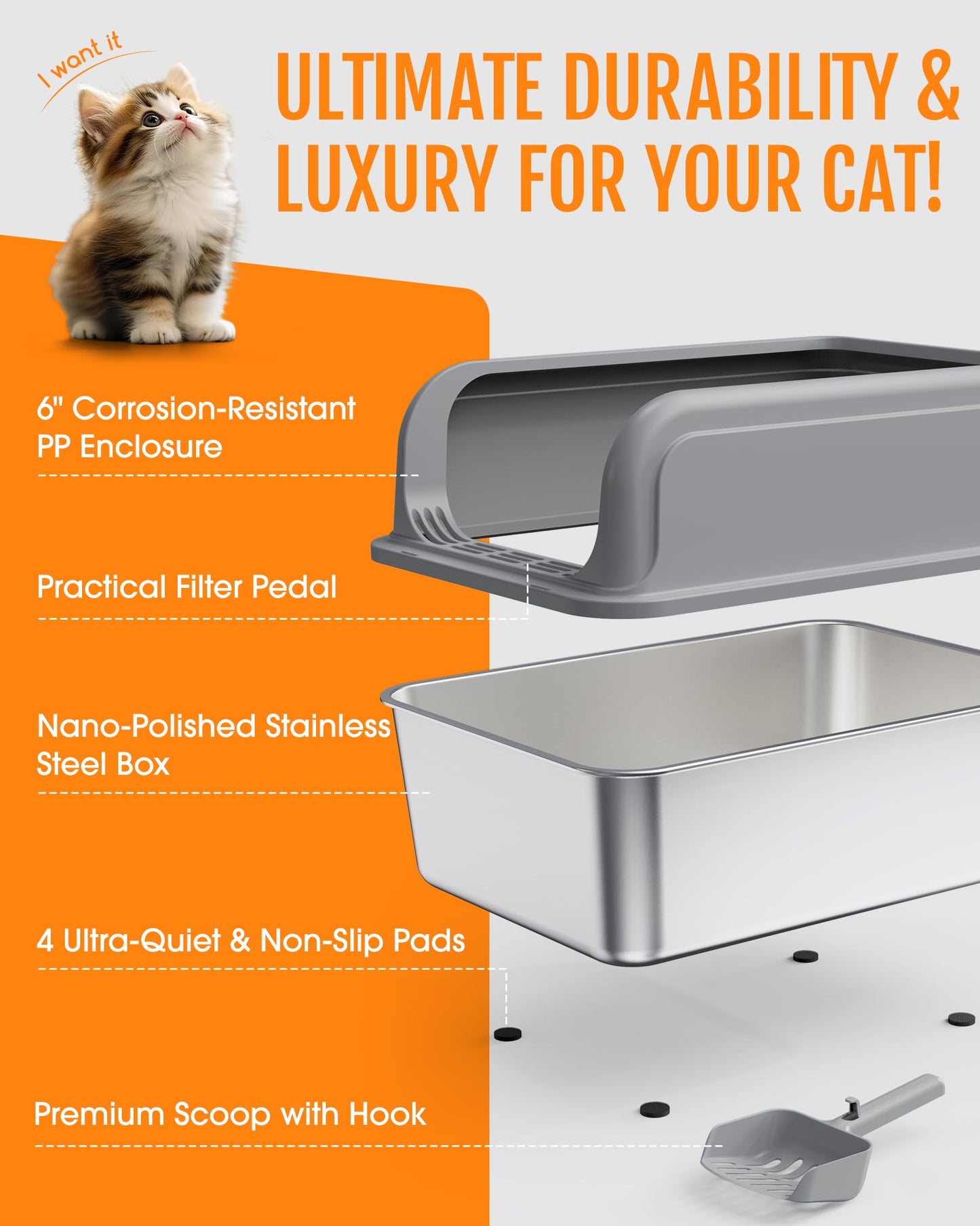 Powools Stainless Steel Cat Litter Box for Kittens, Metal Kitty Litter Box with Scoop, Anti-Leakage Top Entry, Non-Sticky, Easy to Clean, Grey, S (1 Pack)