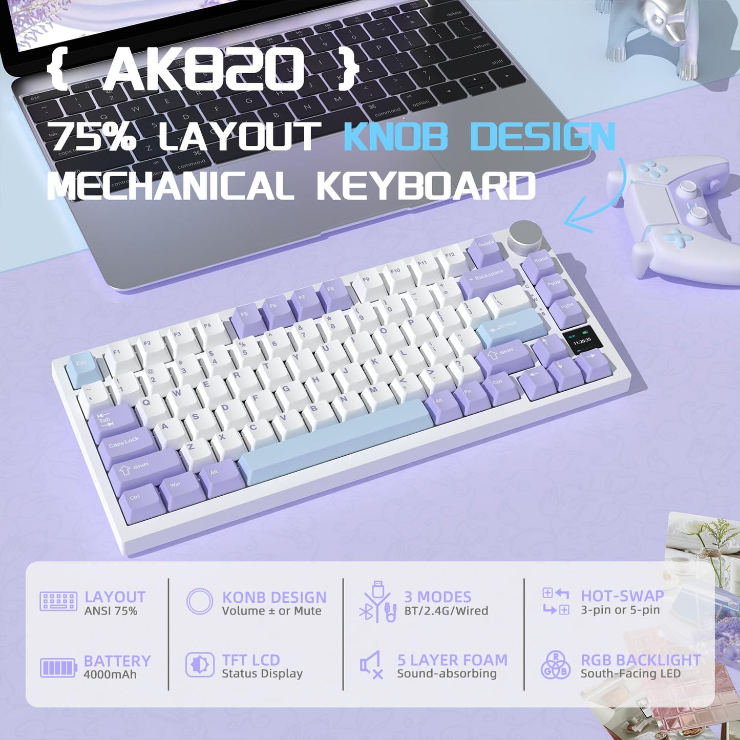 A.JAZZ AK820Pro Gasket Mechanical Gaming Keyboard 75%,TFT Display&Knob,Bluetooth/2.4GHz/USB-C,Hot Swap,5-Layer Sound Absorbing Foams,RGB Backlit,4000mAH Battery for Mac/Win,Flying Fish Switch-Purple