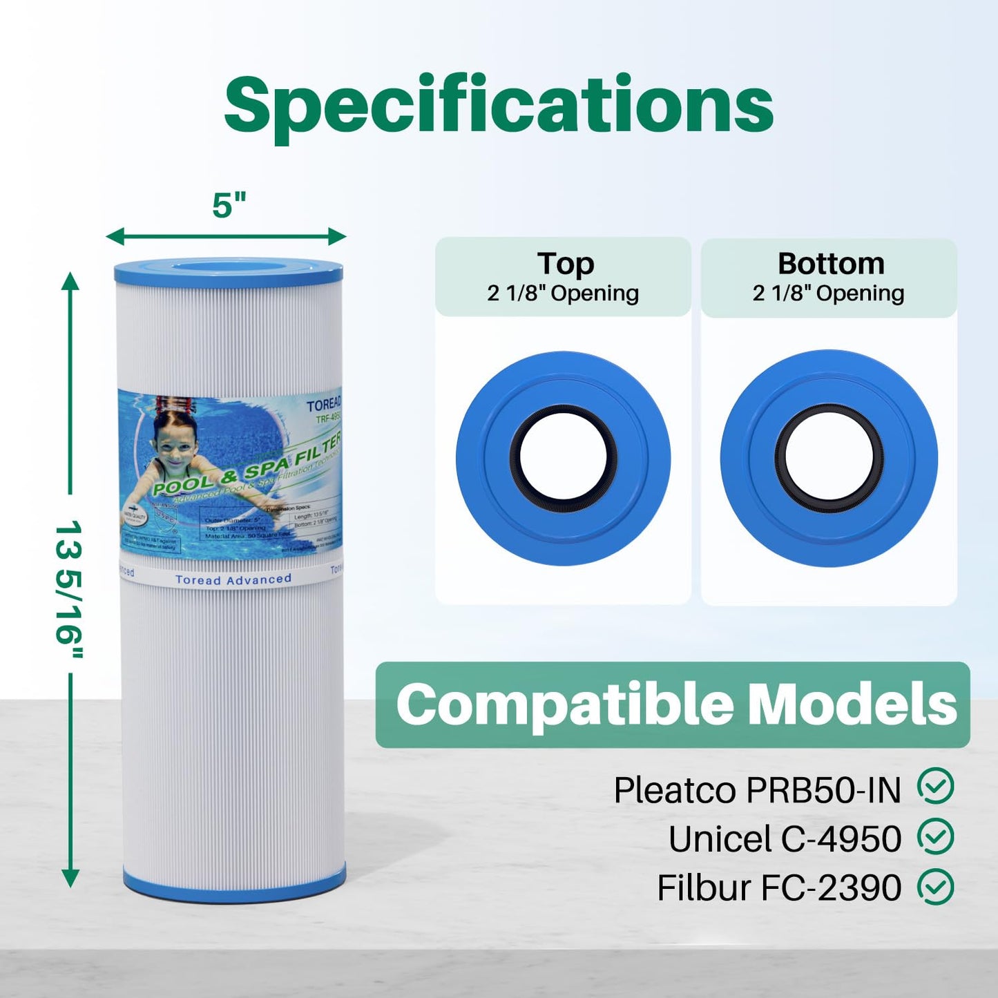 TOREAD TRF-4950 Spa Filter Replaces Unicel C-4950, Pleatco PRB50-IN, Guardian 413-212-02, Filbur FC-2390, 373045, 03FIL1600, 17-2380, Jacuzzi J210/J220/J235/J245/J275, 5X13 Hot Tub Filter, 2Pack