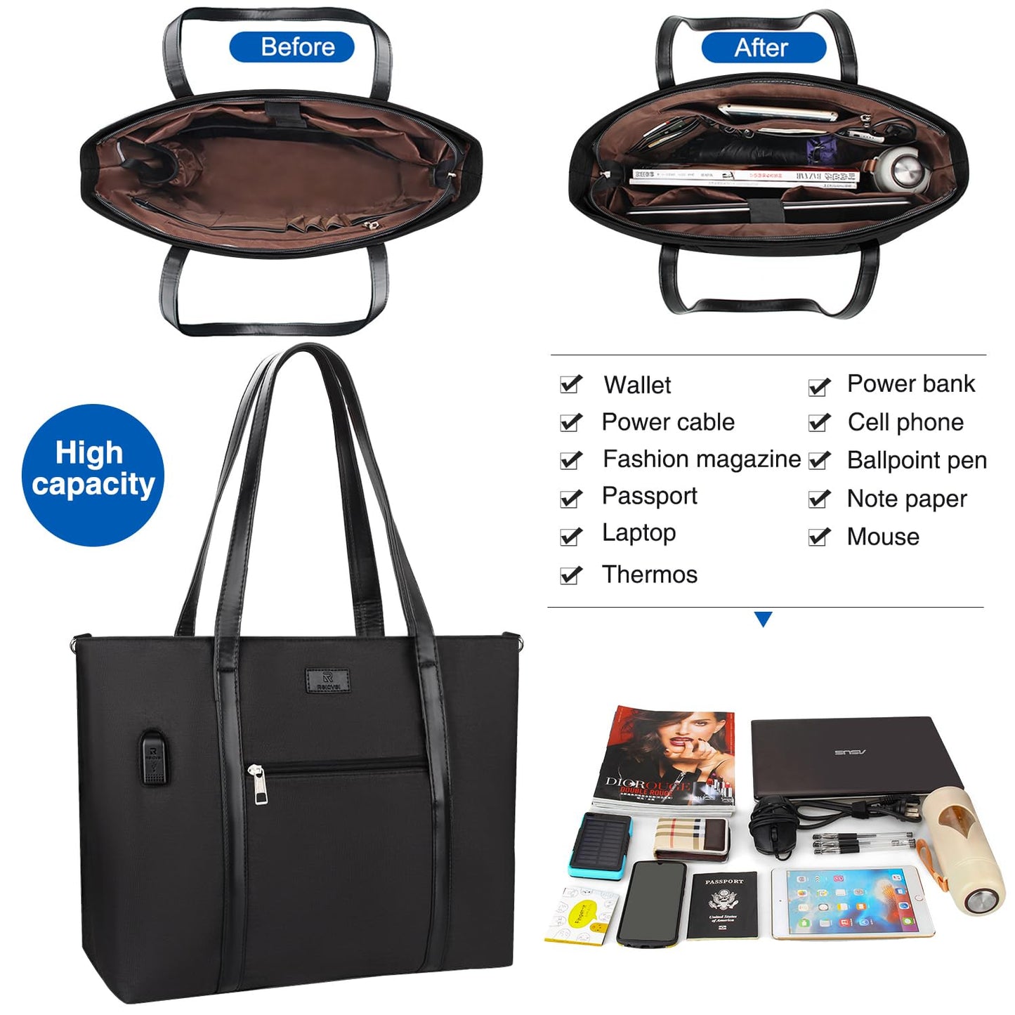 Laptop Bag for Women 17.3 Inch Laptop Tote Bag Large Work Tote Bag Waterproof Work Bag Teacher Bag with USB Charging Port Computer Tote Bag Nylon Handbag Satchel Shoulder Bag(17.3 inch, Black)