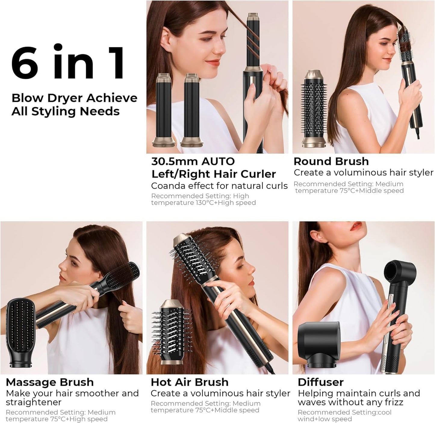 6 in 1 Hair Dryer Brush, 1400W High Speed Auto-Air Hair Wrap Blow Dryer Brush, Hot Air Styler No Heat Damage, Ionic Hot Air Brush, Detachable Hair Dryer, Straightener Brush, Curler, Volumizer 100-120V