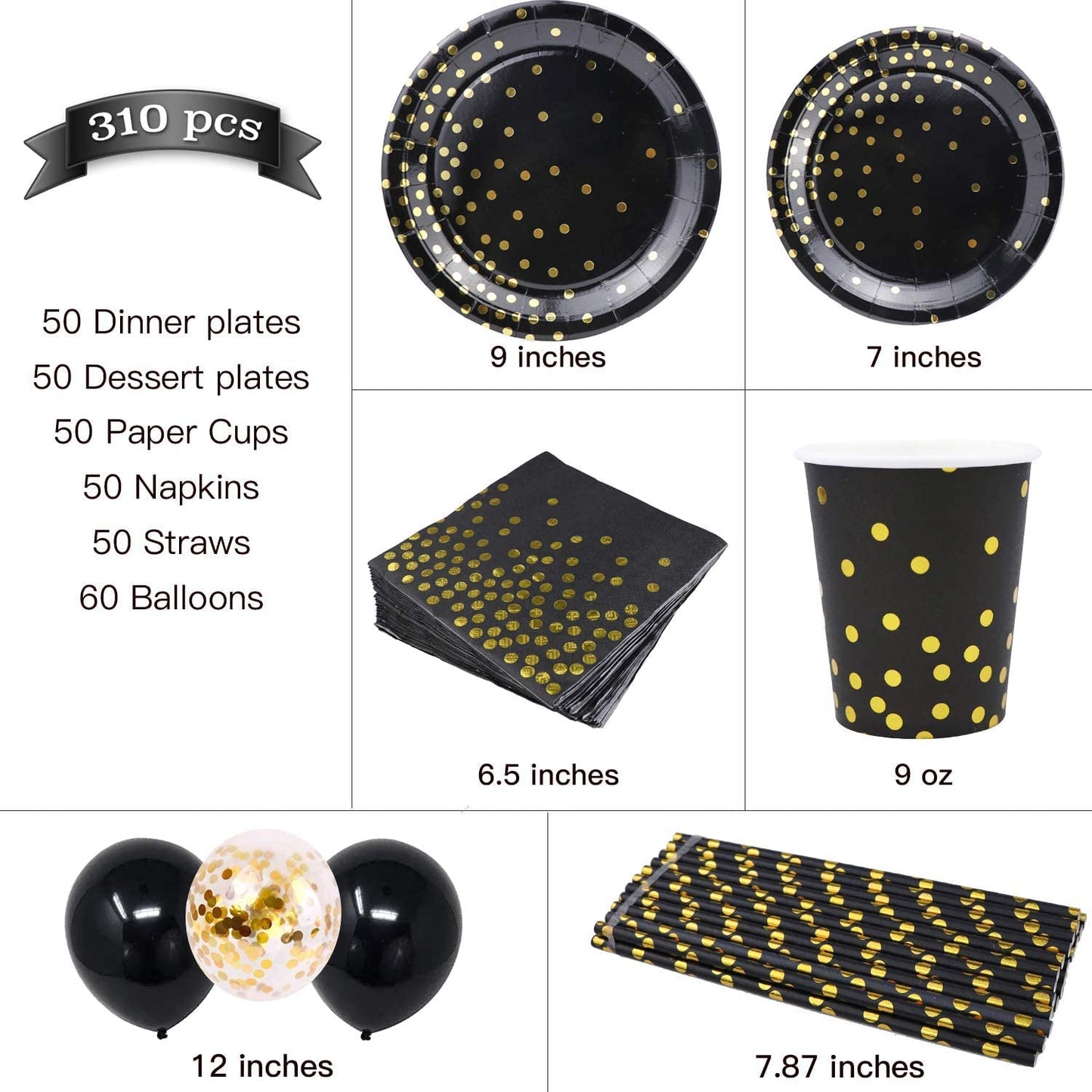 310PCS Party Supplies - Disposable Paper Plates Dinnerware Set Rose Gold Dots 50 Dinner Plates 50 Dessert Plates 50 Cups 50 Napkins 50 Straws 60 Balloons Birthday Party Wedding Holiday (Black and Gold)