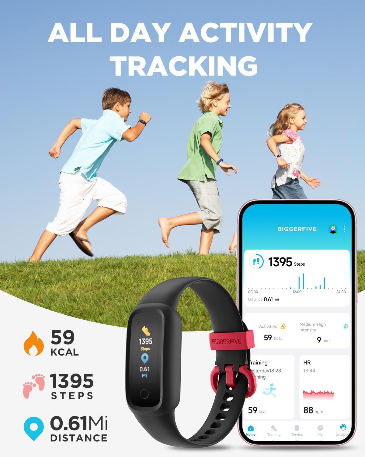 BIGGERFIVE Vigor 2 L Kids Fitness Tracker Watch for Boys Girls Ages 5-15, Activity Tracker, Heart Rate Sleep Monitor, IP68 Waterproof, Pedometer, Calorie Step Counter Watch, Black