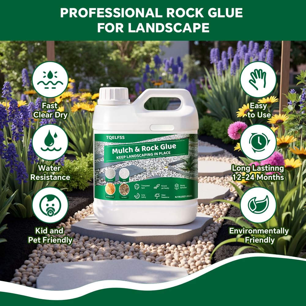 Rock Glue 4L/1.05Gal,Fast Dry Transparent Waterproof Pea Gravel Stabilizer for Rock Adhesive Binder Sticky Rock Glue for Outdoor Landscape Walkways,Yards,Patios