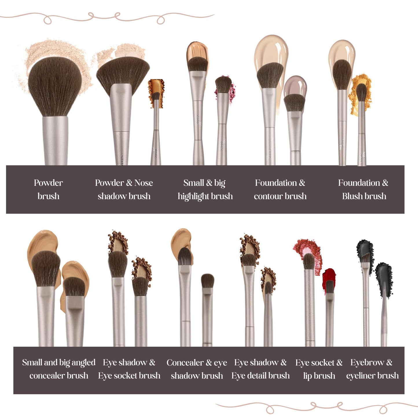 Double Ended Makeup Brush Set (11 Pieces) - Includes Foundation, Powder, Concealer, Highlighter, Contour, Eye Shadow & Blush Brushes - Face & Eye Make Up Brush with Synthetic Bristles