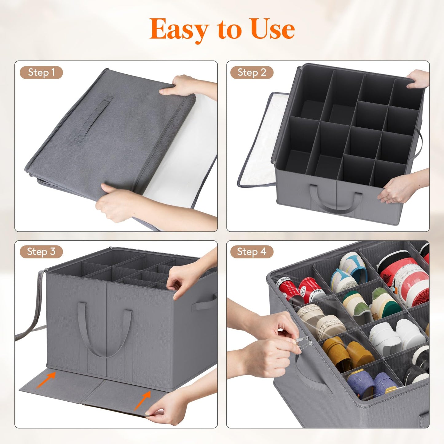 Lifewit Shoe Storage Organizer for Closet, Shoe Box Storage Containers with Clear Cover and Reinforced Handles, Large Shoe Slots Foldable Storage Bins for Boots Heels Sneakers, 2 Pack, 24 Cell, Gray