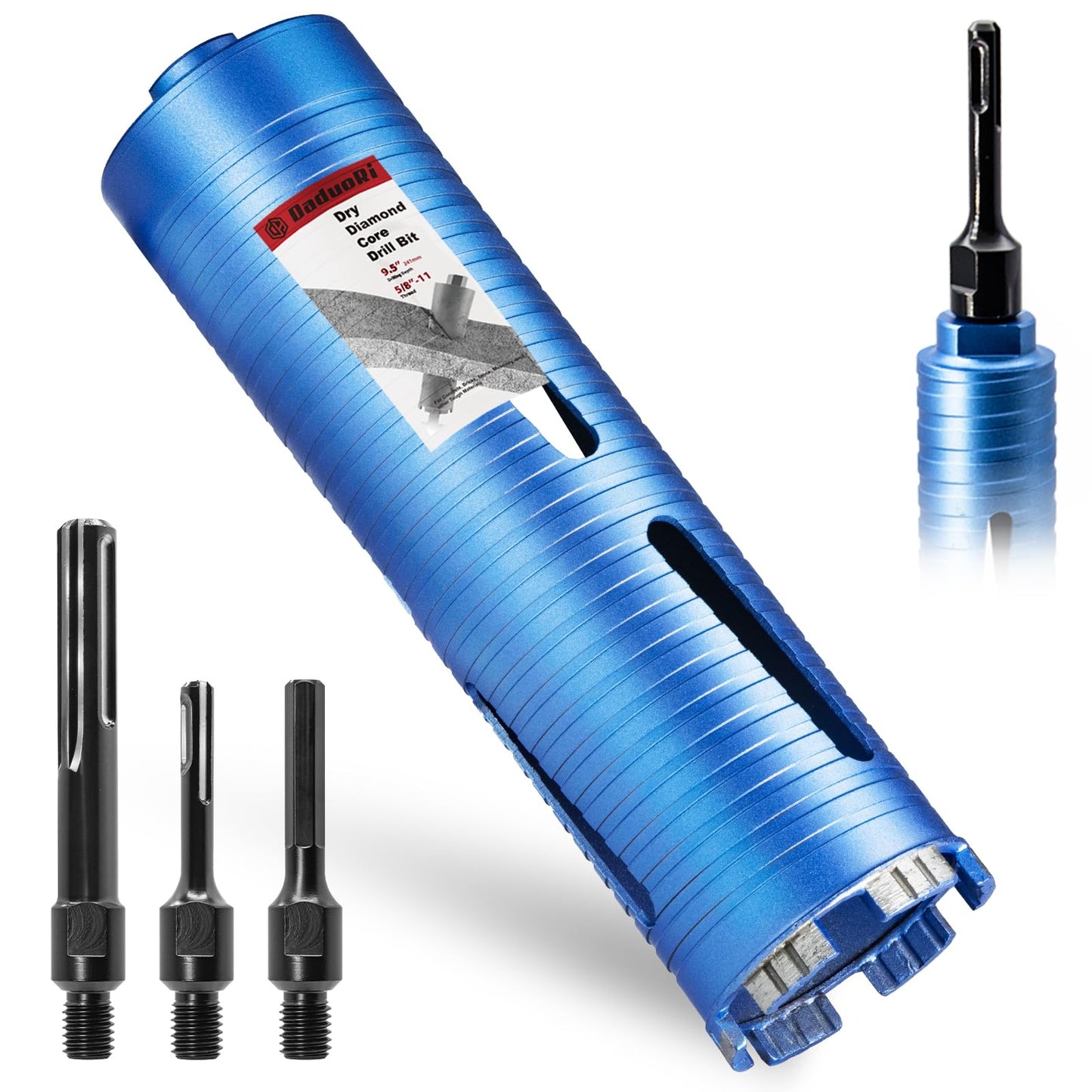 DaduoRi 2 3/4" Dry Core Drill Bit for Brick and Block with 3 Adapters Included: SDS Max, SDS Plus and 1/2" Hex Shank, 5/8"-11 Thread, 9.5" Drilling Depth for Soft Brick,Stucco,Concrete,Masonry(2.75")