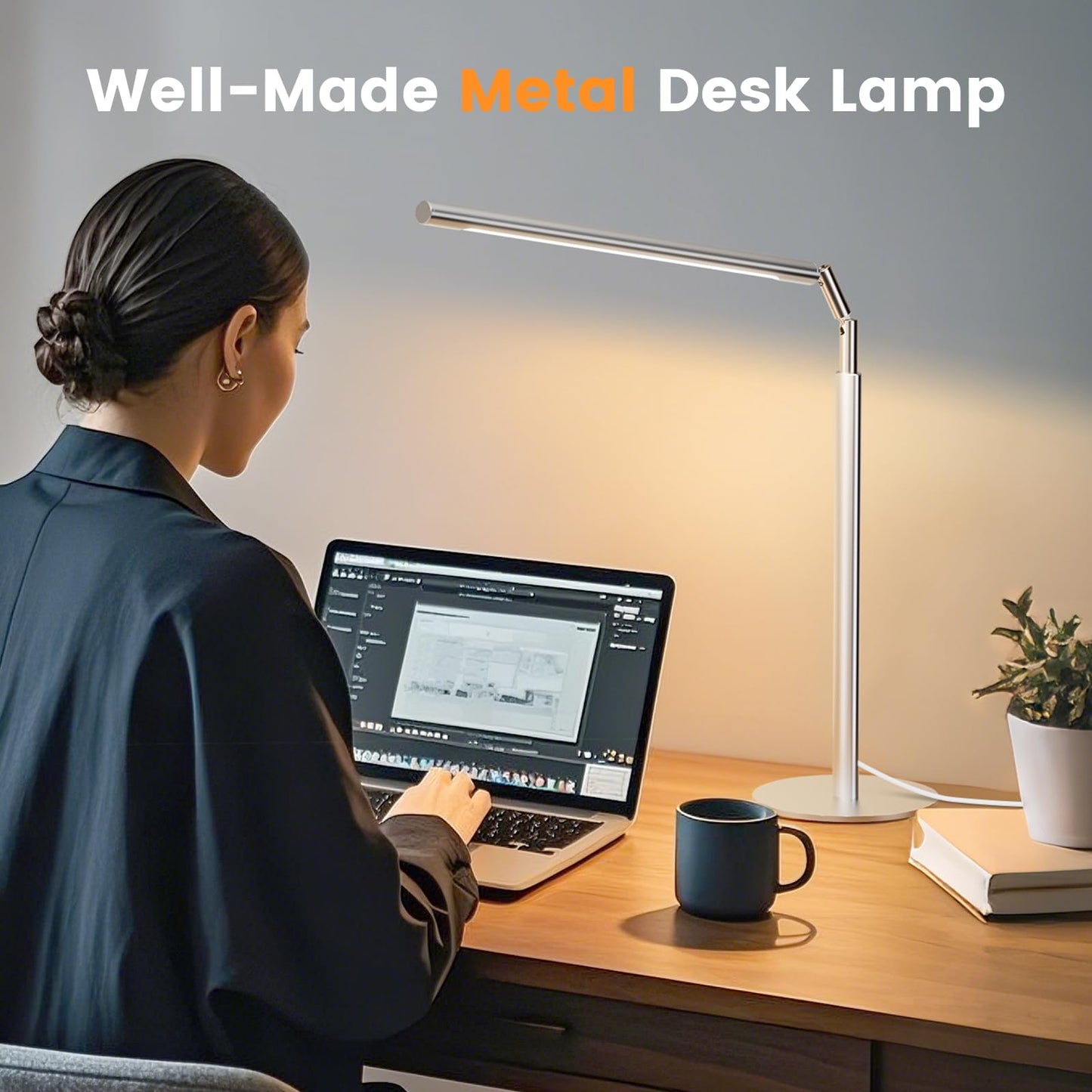 ALFELE Metal LED Desk Lamp - Foldable Modern Table Lamp with Timer, 4 Color & 6 Brightness Adjustable Desk Reading Light, Dimmable Eye-Caring Desktop Book Light for Home Office Dorm
