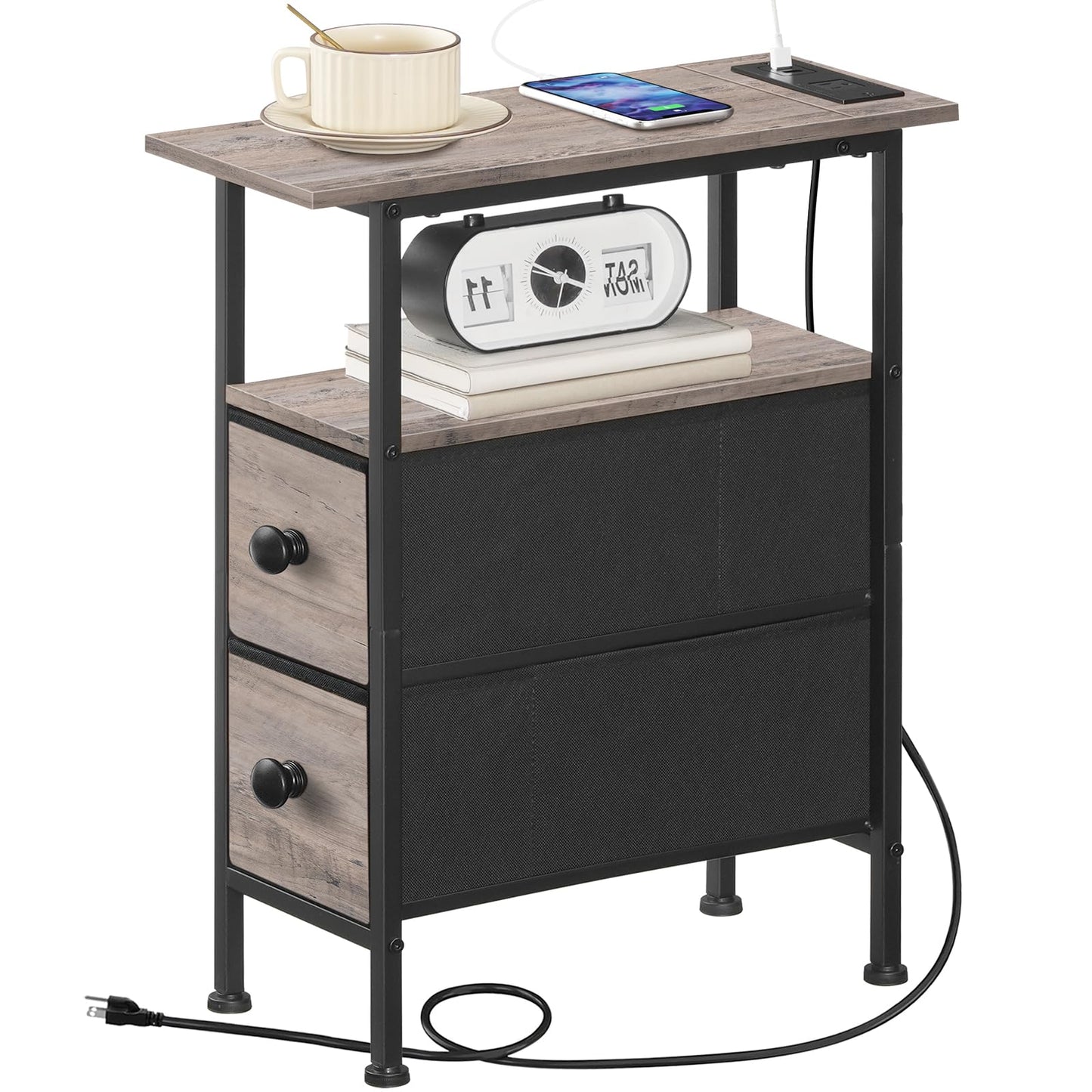 HOOBRO End Table with Charging Station, Narrow Side Table with 2 Fabric Drawers, Skinny Nightstand with Storage, Slim Bedside Table for Living Room, Small Spaces, Greige and Black BG487UBZ01