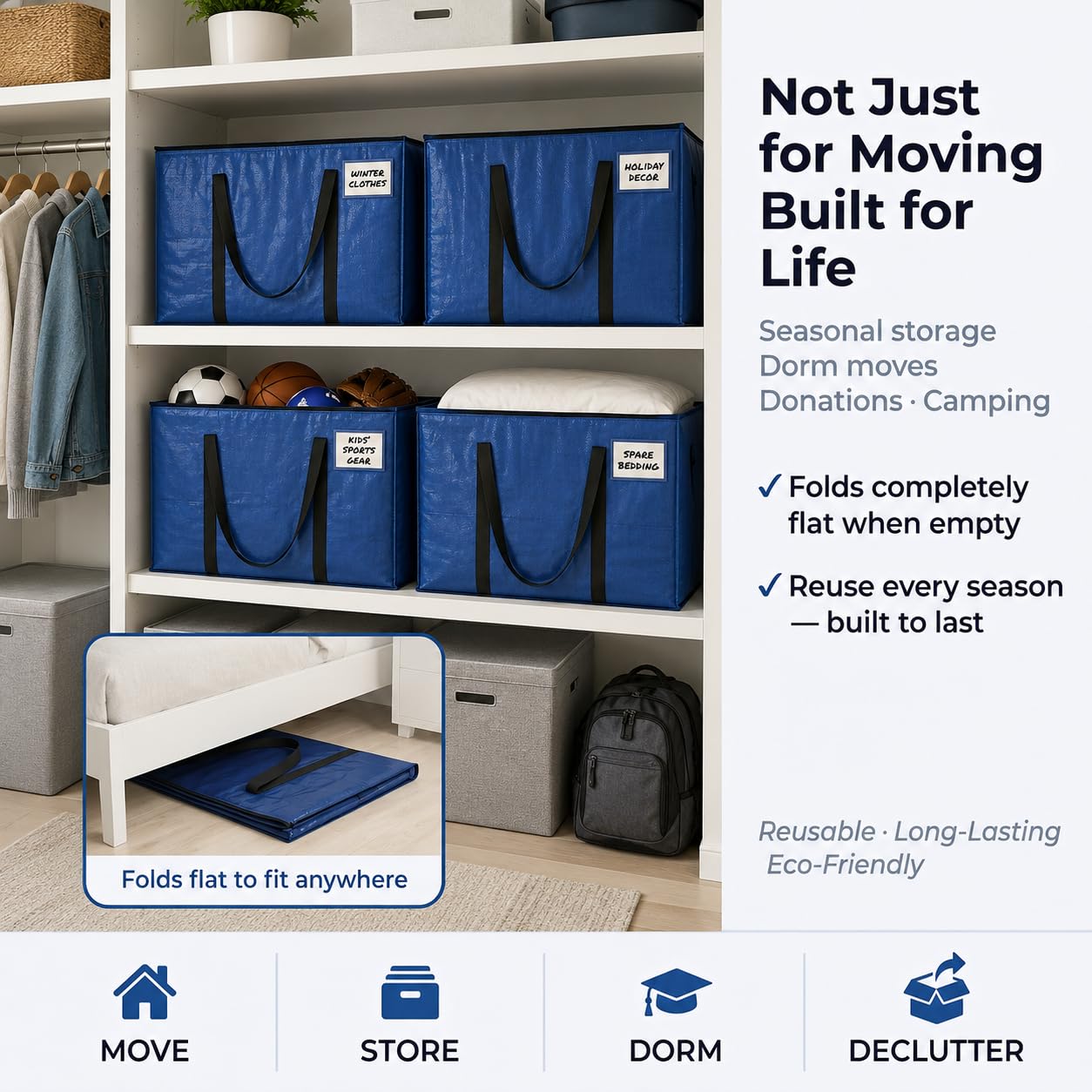 ClearSpace Heavy Duty Storage Bag - Large Moving Boxes with Backpack Straps, Zippers & Handles - Perfect for Traveling, Camping, Christmas Decorations, 4 Pack