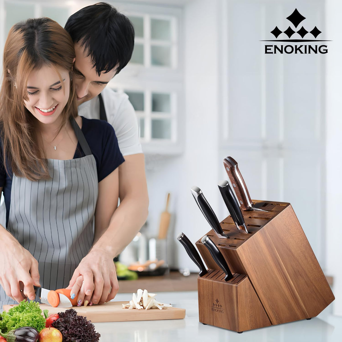 ENOKING Knife Block Without Knives, Large Knife Holder- 25 Slots Acacia Wood Universal Knife Block, Butcher Block Countertop for Knife Storage Organizer