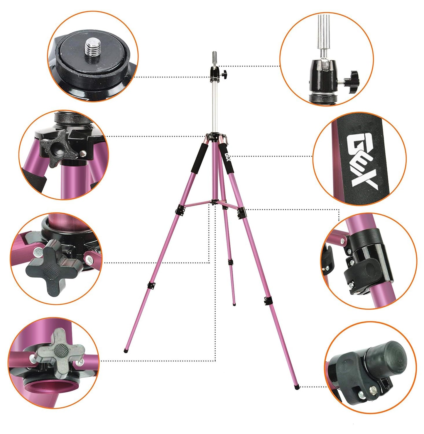 GEXWORLDWIDE GEX 63" Heavy Duty Mannequin Tripod Stand for Wig Cosmetology Training Practice Doll Manikin Head Tripod Wig Stand With Travel Bag (Rosy)