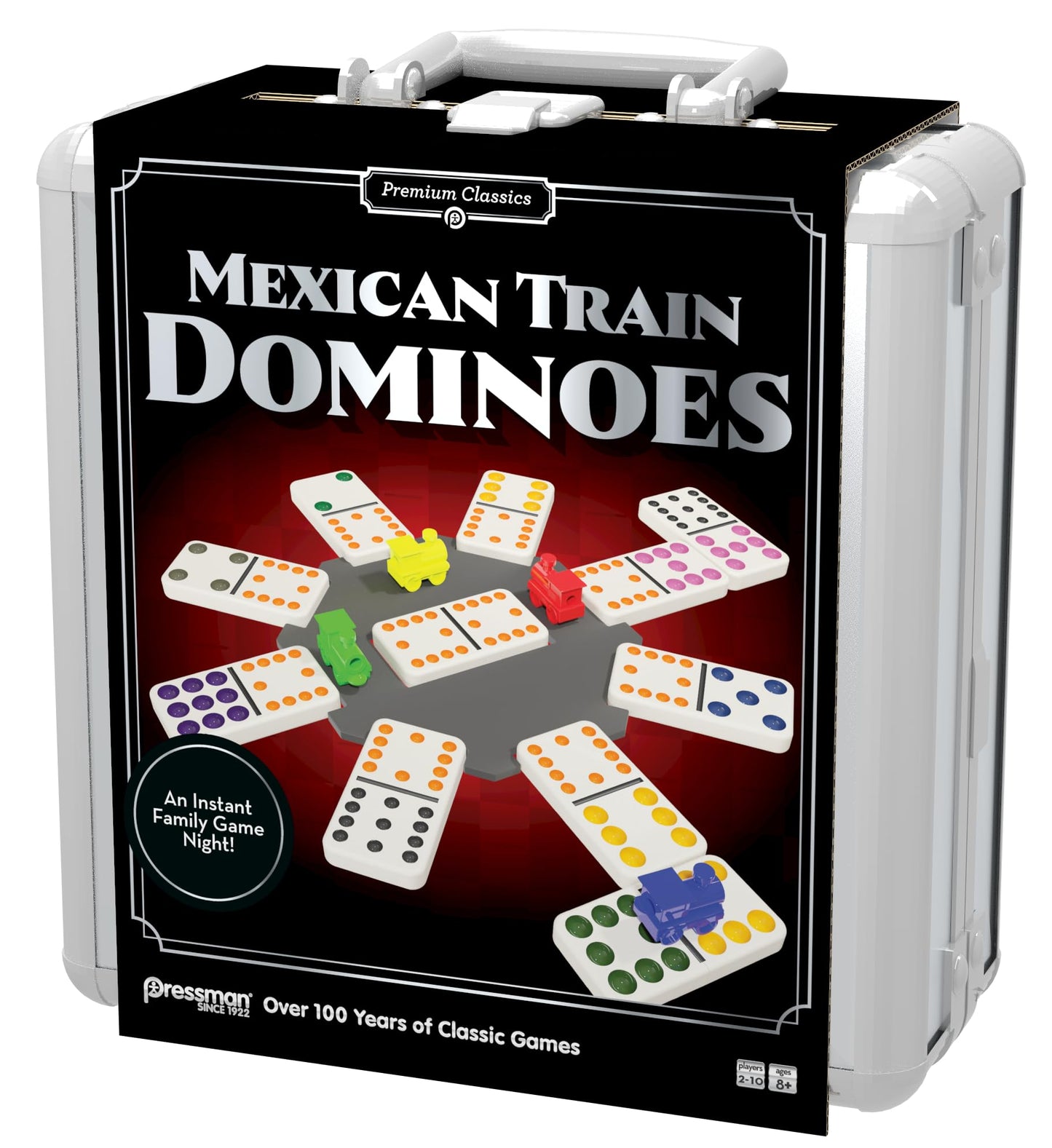 Pressman Premium Classics Mexican Train Dominoes | Aluminum Carry Case for Storage and Travel | 2-10 Players, Ages 8+