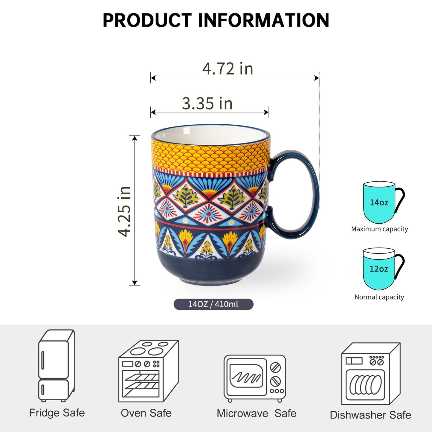Coffee Mugs Set 14 Ounce - Multicolor Porcelain Cups for Latte, Hot Tea, Cappuccino, Cocoa, Soup, Dishwasher, Microwave Safe, Christmas Gift Set of 6 - Bohemian Style