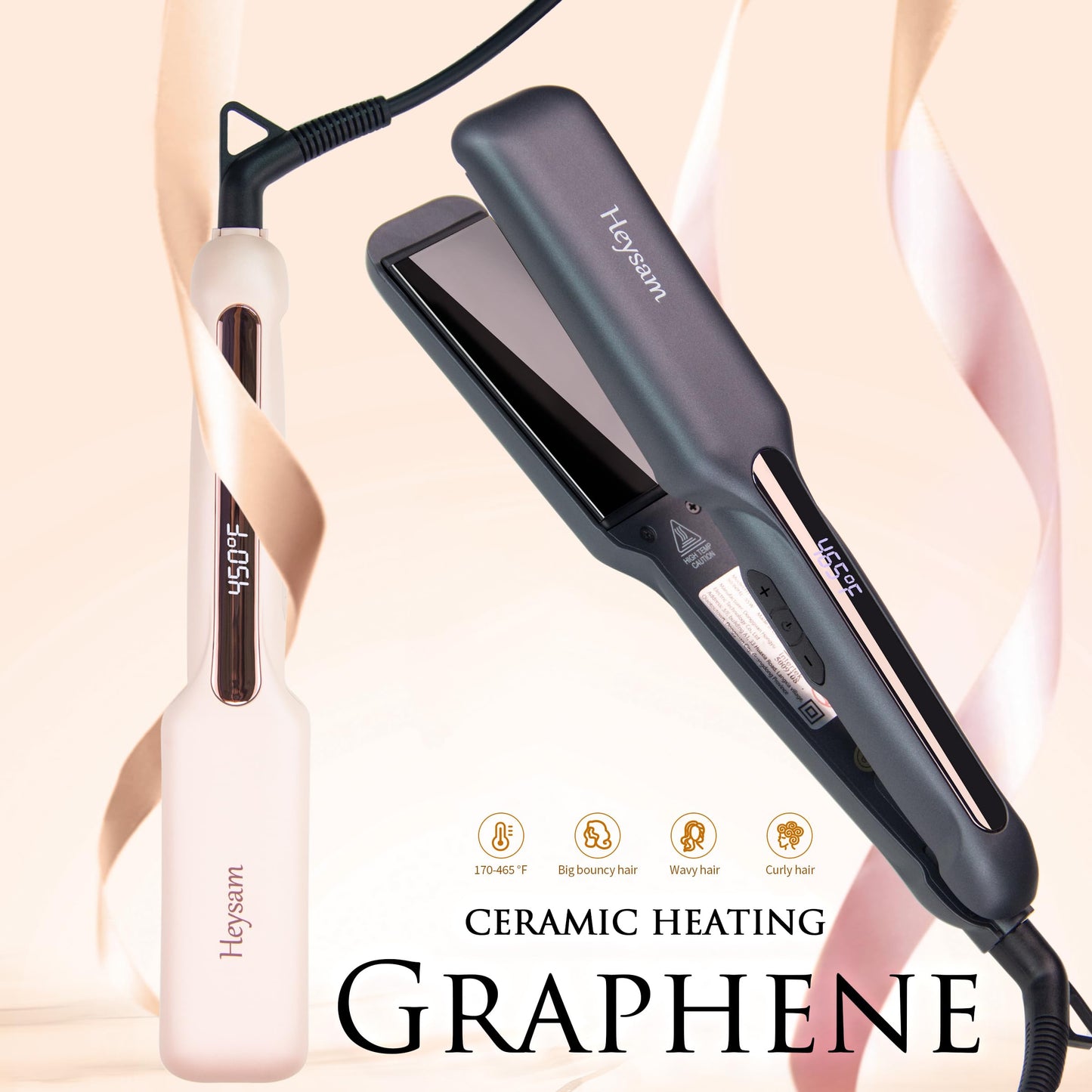 Heysam Flat Iron Hair Straightener for Women, Graphene Titanium Ceramic Plates 1.6 Inch Wide, Pink Flat Iron Dual Voltage Hair Straightener and Curler 2-in-1, LCD Temperature Display, 30S Fast Heating