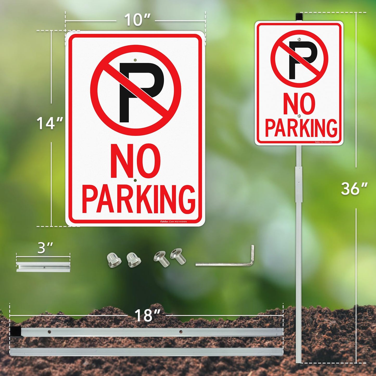 Faittoo No Parking Signs with 36" Stake for Outside, 4-Pack 14"x10" Rust Free Heavy Aluminum, Reflective, Fade Resistant, 2 pre-drilled holes, Includes Matching Screws & Wrench, Easy to Mount