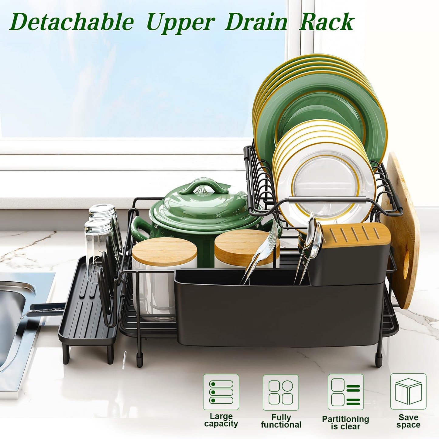 Runnatal Large Dish Drying Rack with Drainboard Set, Extendable Dish Rack, Utensil Holder, Cup Holder, Large-Capacity 2-Tier Dish Drying Rack, Expandable Dish Drainer for Kitchen Counter