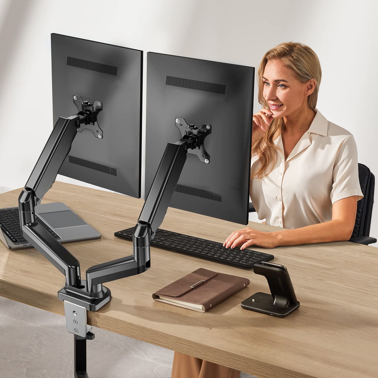 HUANUO Dual Arm Monitor Stand——Adjustable Gaming Desk Mount for 13"-30" Screens, VESA Bracket with C Clamp/Grommet Base, Supports Up to 19.8lbs per Arm