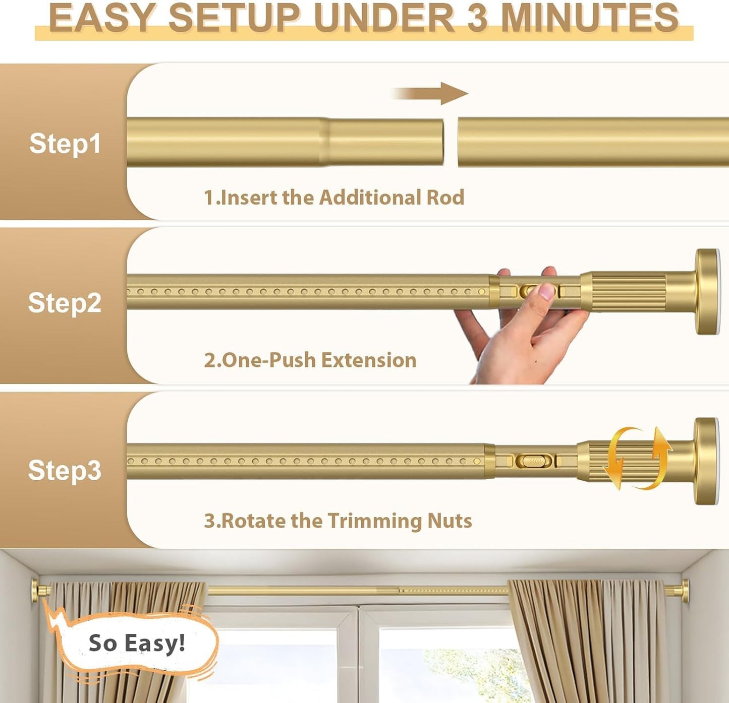 ZipGlo Heavy Duty Tension Curtain Rod 41-103 Inch (4-8 Ft), 26LB No-Drill Renter Friendly & Damage-Free, Adjustable Rod for Shower, Bathroom, Window, Patio Outdoor Curtains, 1.26-In Diameter, Gold