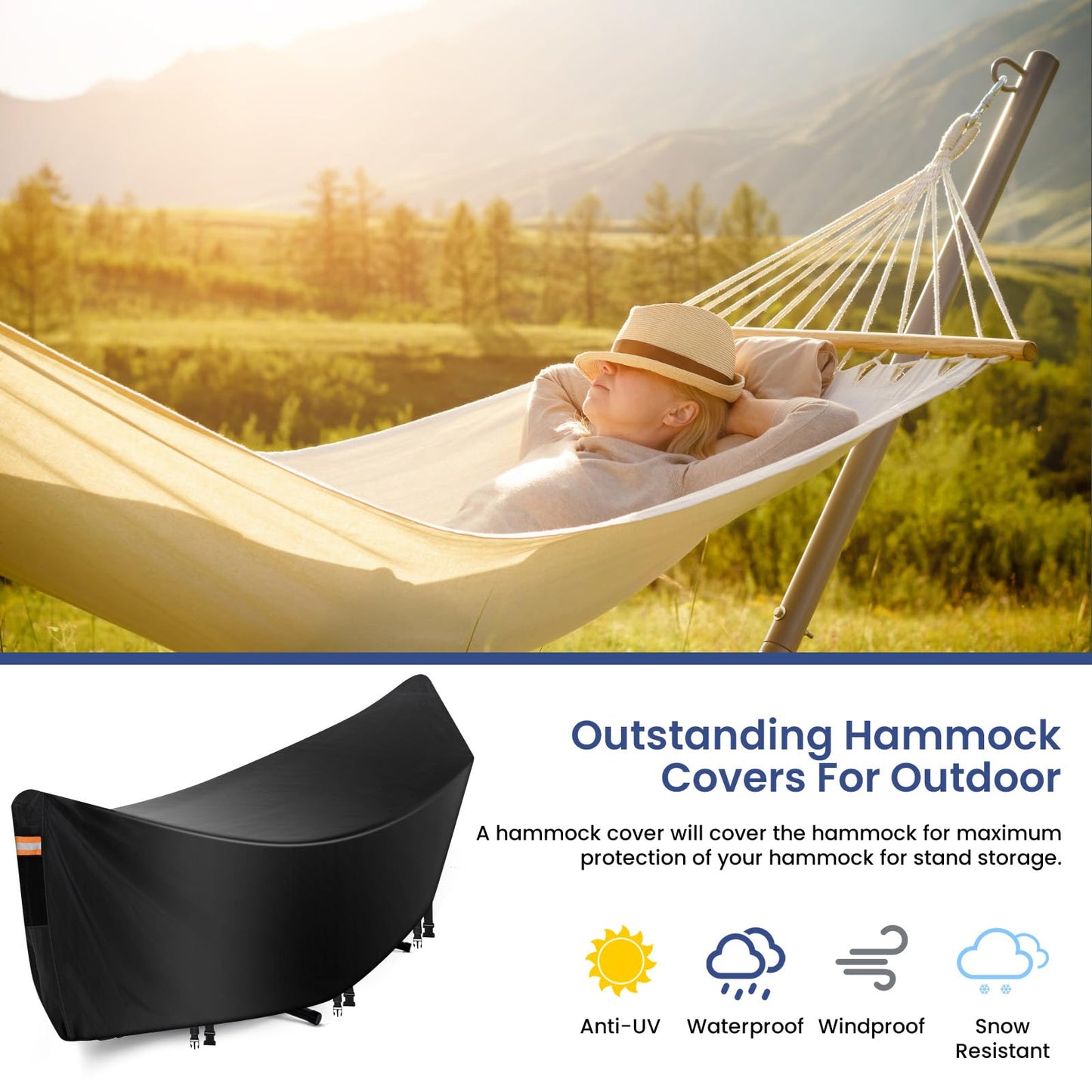 Hammock Cover Waterproof,Heavy Duty 420D Hammock Stand Covers for Outdoor,Breathable Dust Protector with 2 Air Vents,3 Windproof Buckles,Universal Cover Fits for 11-12ft Stand,All-weather Protection
