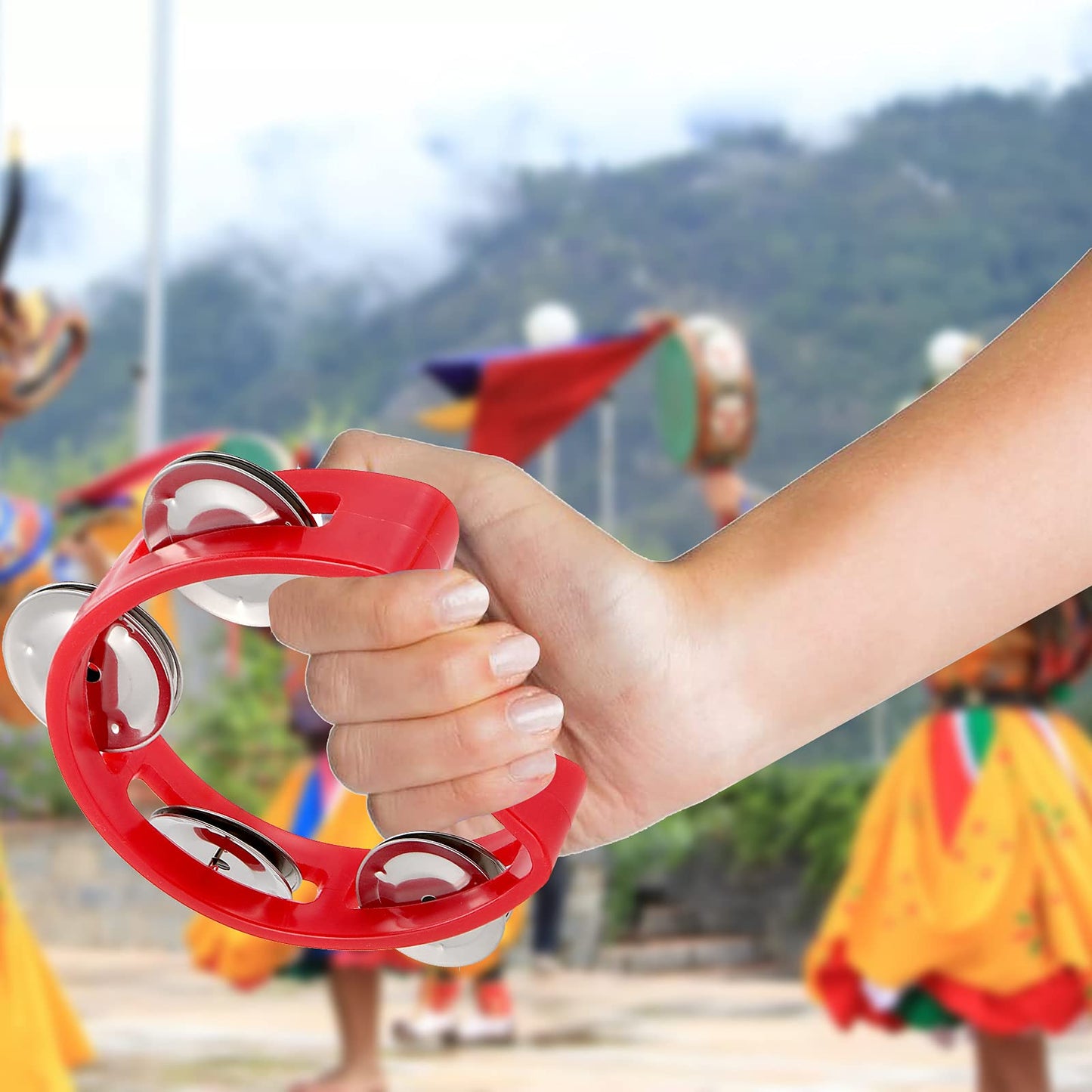 MUKLEI 20 Pack Half Moon Handheld Tambourine, Half Moon Musical Tambourine for Beginner, School, Red and Yellow