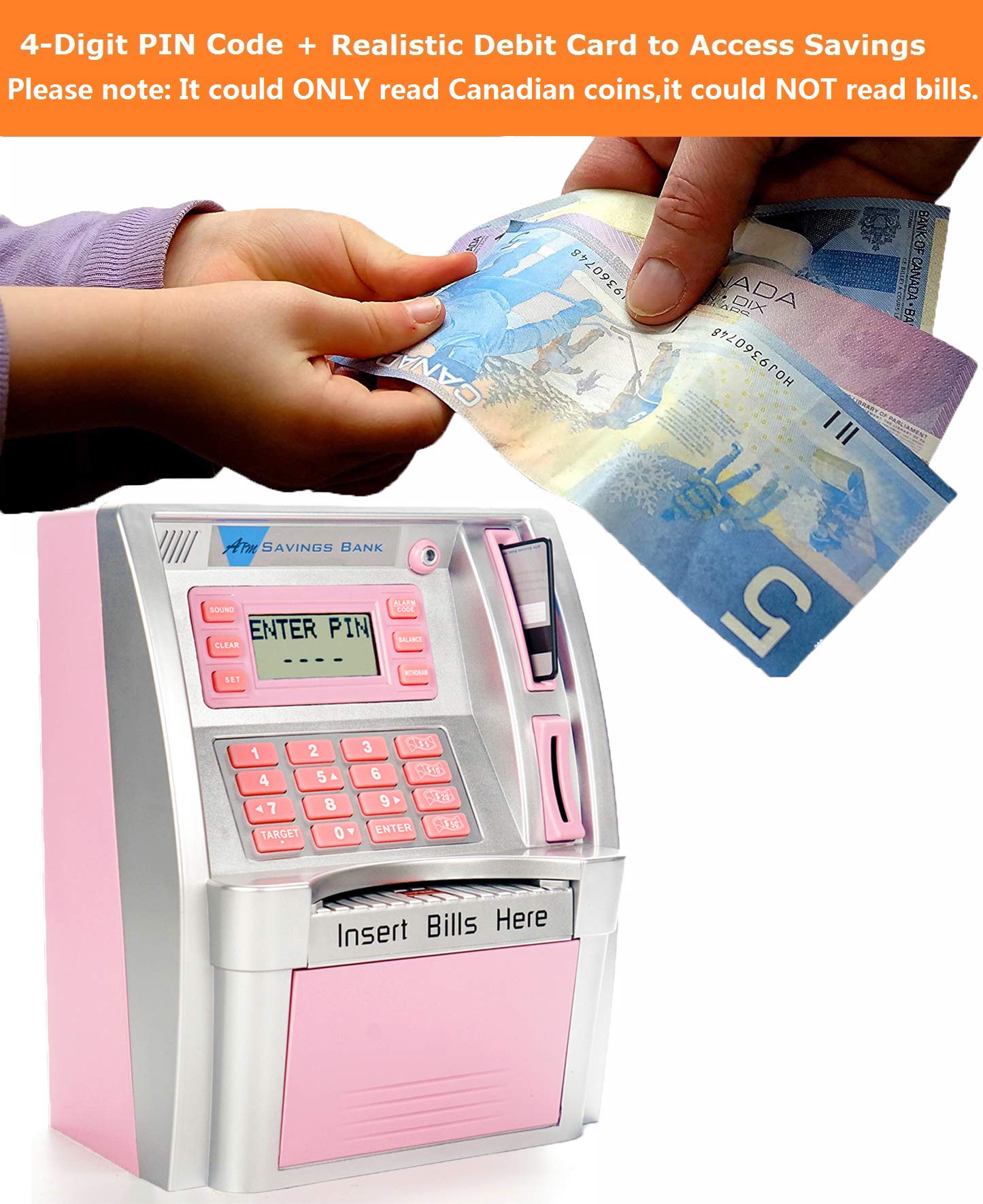 Canadian Dollars ATM Piggy Bank for Kids with Debit Card, Power-Off Memory, Coins Identification, Electronic Digital Coin Savings Money Bank Machine Box with Code