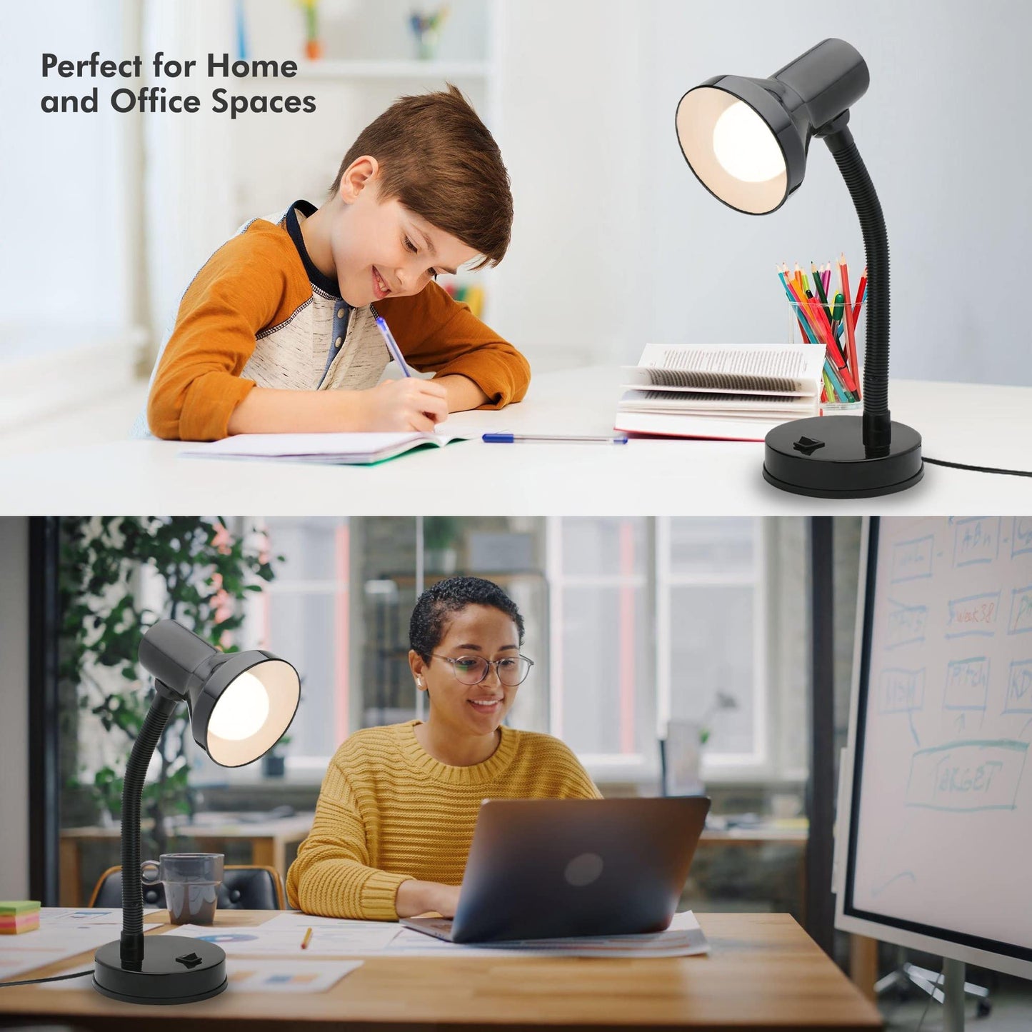 Xtricity LED Desk Light, 360° Adjustable Gooseneck, Home and Office Lamp with 7W A19 Bulb, 120V, On/Off Switch, 14” Height - Reading Lamps for Bedside Table, College Dorm (Black Finish)