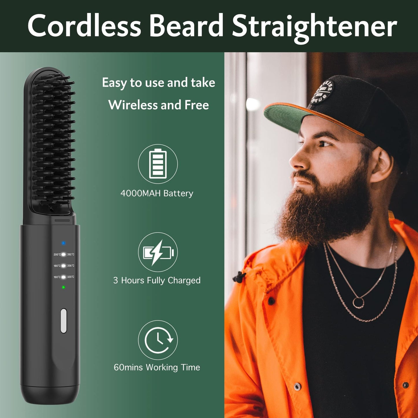 Beard Straightener for Men, REHOYO Cordless Heated Hair & Beard Brush with Anti-Scald & Ionic Technology, 3 Temperature Setting Beard Straightener Comb, Portable Straightening Brush, Fathers Day Gift