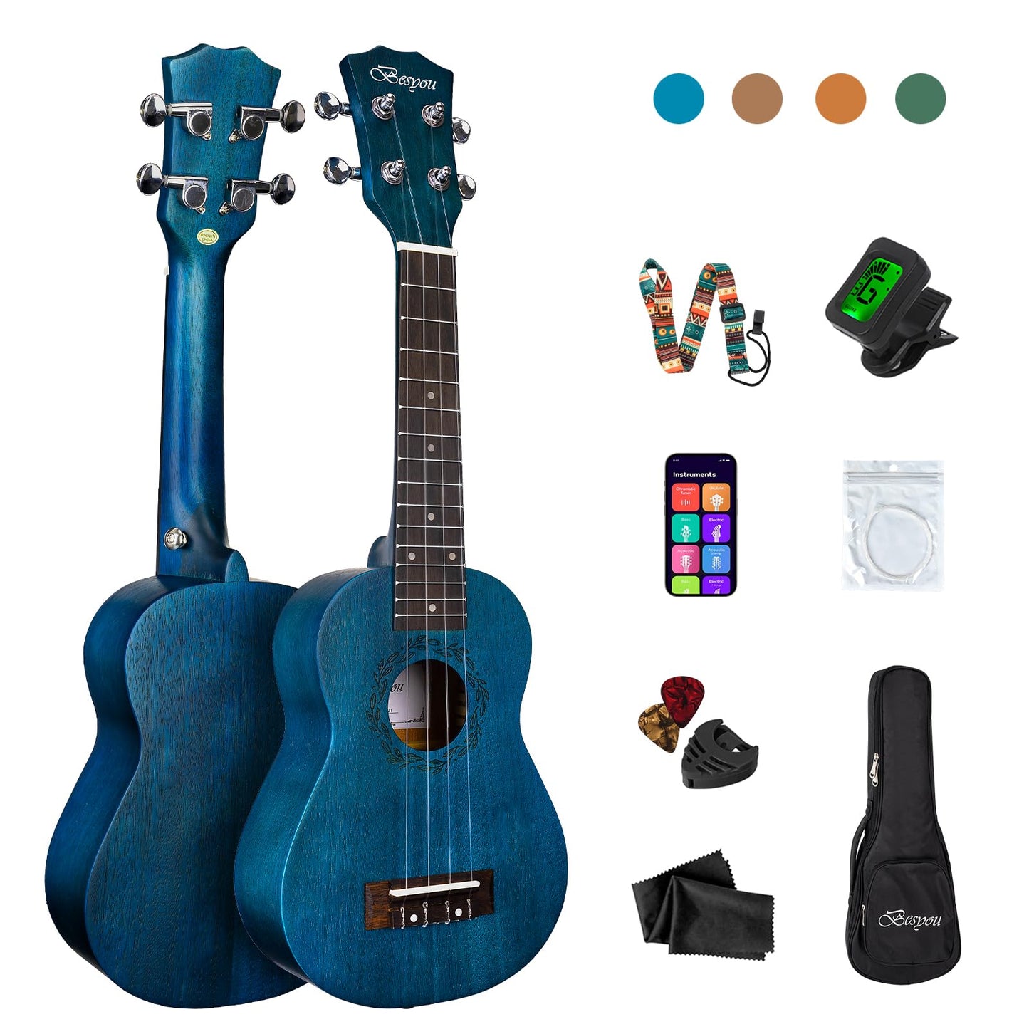 Besyou Concert Ukulele Beginner Mahogany Ukelele Kit with Tuner Gig Bag Strap Carbon Nylon String Picks Cloth Gift Choice (Blue, 21)