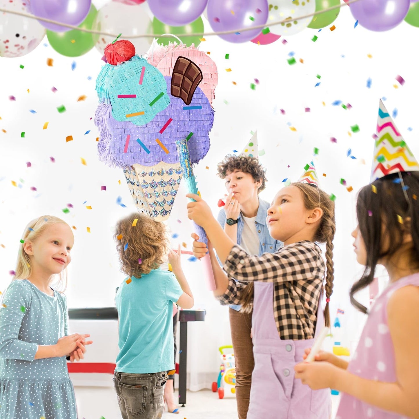 WERNNSAI Ice Cream Pinata - Sweet birthday Pinata with Blindfold and Stick for Summer Ice Cream Birthday Party Decoration Supplies Baby Shower Celebration Supplies