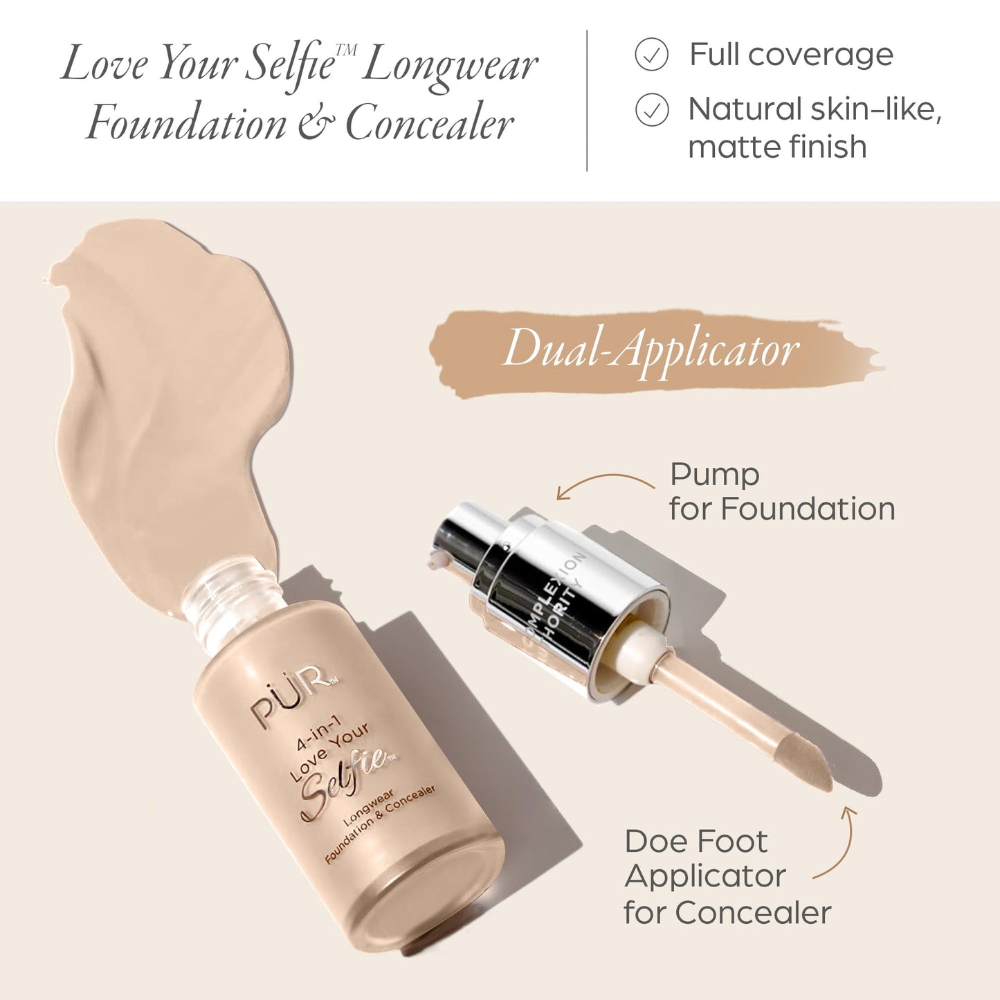 PÜR 4-in-1 Love Your Selfie Longwear Foundation & Concealer, Full Coverage Liquid Foundation, Hydrating Formula, Cruelty Free