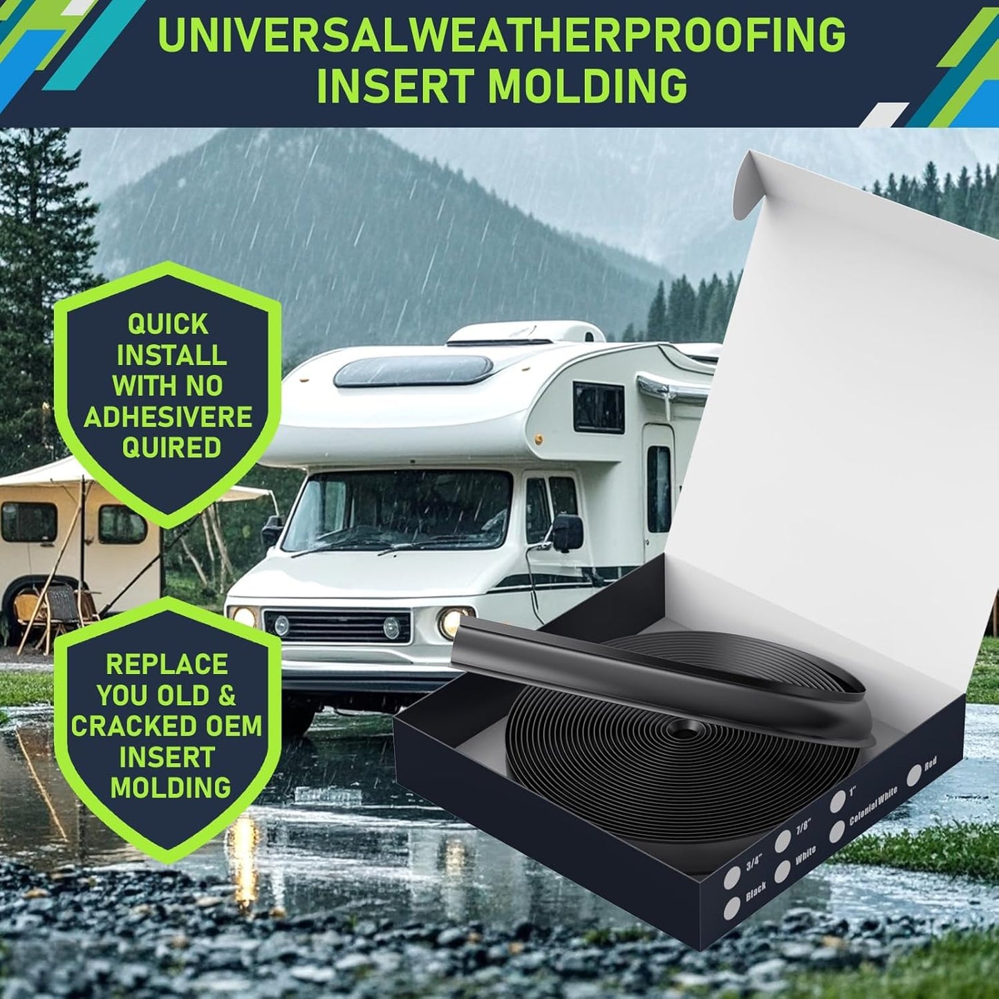 1" RV Vinyl Trim Molding Insert White for RV Camper Travel Trailer Screw Cover Gutter Corner Channel Outside Seam roof Edge Track Heavy Duty Trim (Black, 75FT)