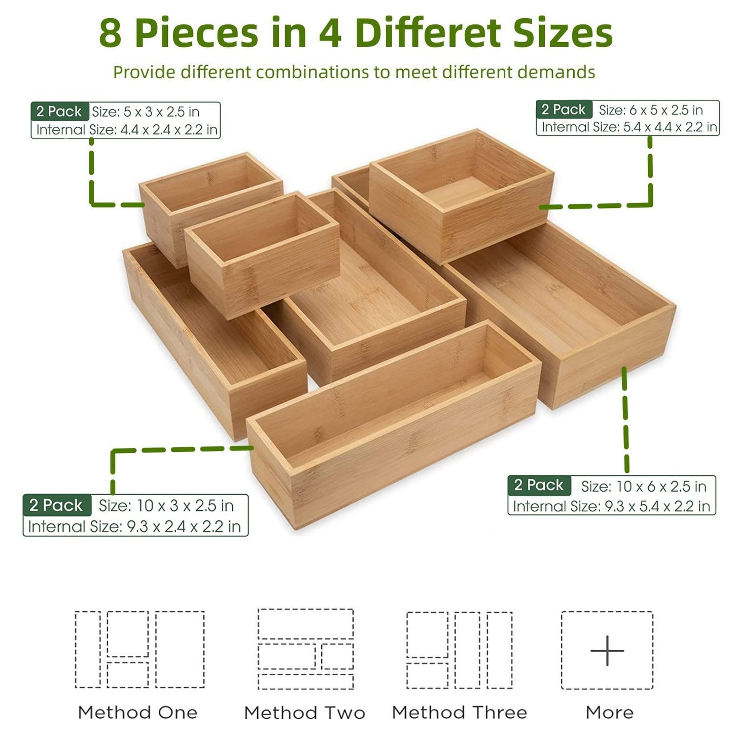 ROLiGHTiC 8 Pcs Bamboo Drawer Organizer Utensil Tray Kitchen Storage Box 4-Size Multi-Use Dividers Cutlery Holders Bins Containers for Kitchen, Bathroom, Office Desk, Makeup, Jewelry, Dresser, Pantry