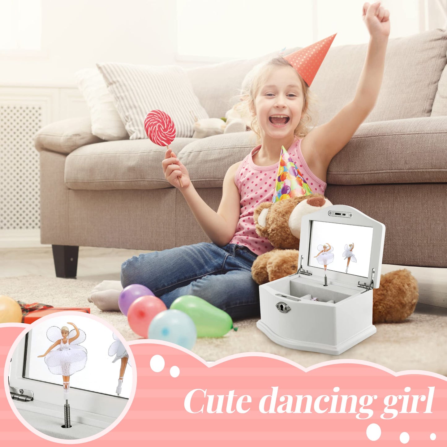 Jozen Gift Wooden Ballerina Medium White Musical Jewelry Box with Mirror and Lock for girls,Kid's Jewelry Storage Music Box,Gifts for Christmas,Birthday and all Holidays