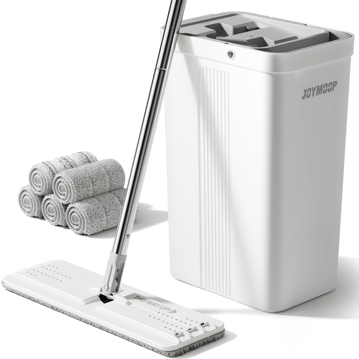 JOYMOOP Mop and Bucket with Wringer Set, Flat Floor Mop and Bucket, Mop for Floor Cleaning with 5 Microfiber mops, Wet and Dry Use, Household Cleaning Tools, for Hardwood, Laminate, Tile
