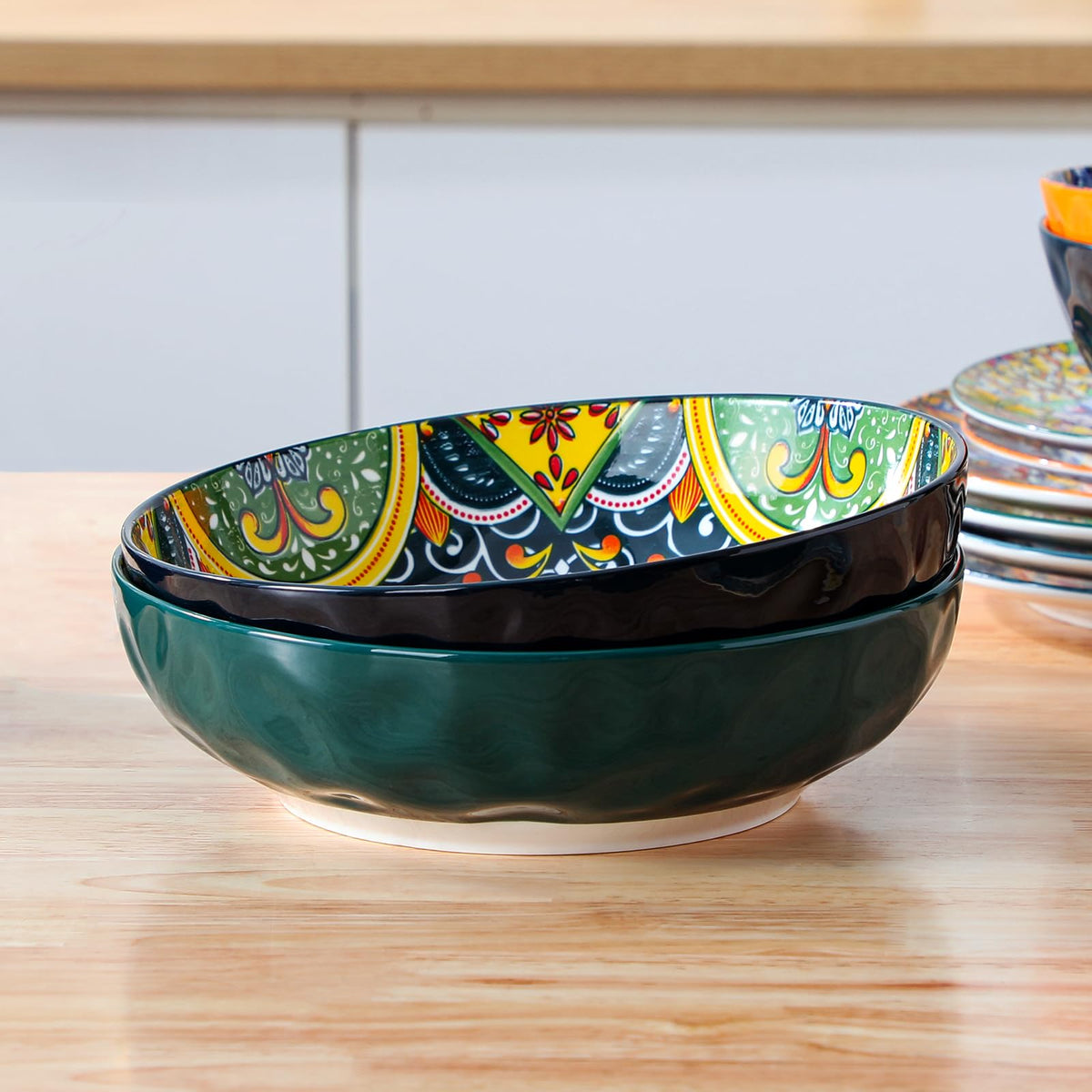vancasso Large Serving Bowls, 78 Oz Extra Large Salad Bowls Set of 2, Bohemian Decorative Bowls for Salad, Fruit, Pasta and Dinner, Serving Dishes Set for Party, Dishwasher & Microwave Safe-Green