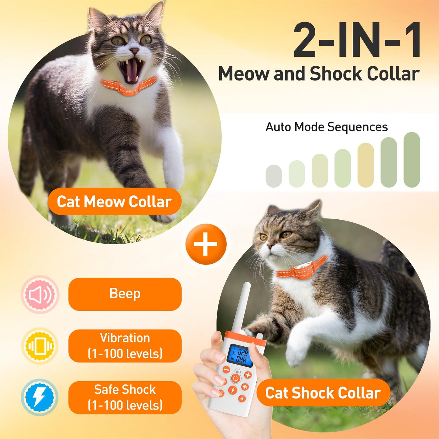 2-in-1 Cat Shock Collar with Remote, Shock Collar for Cats with Beep Vibration Shock & Auto Stop Meowing 4 Modes, 2300ft Cat Training Collar Effective for Bad Behavior IP67 Waterproof