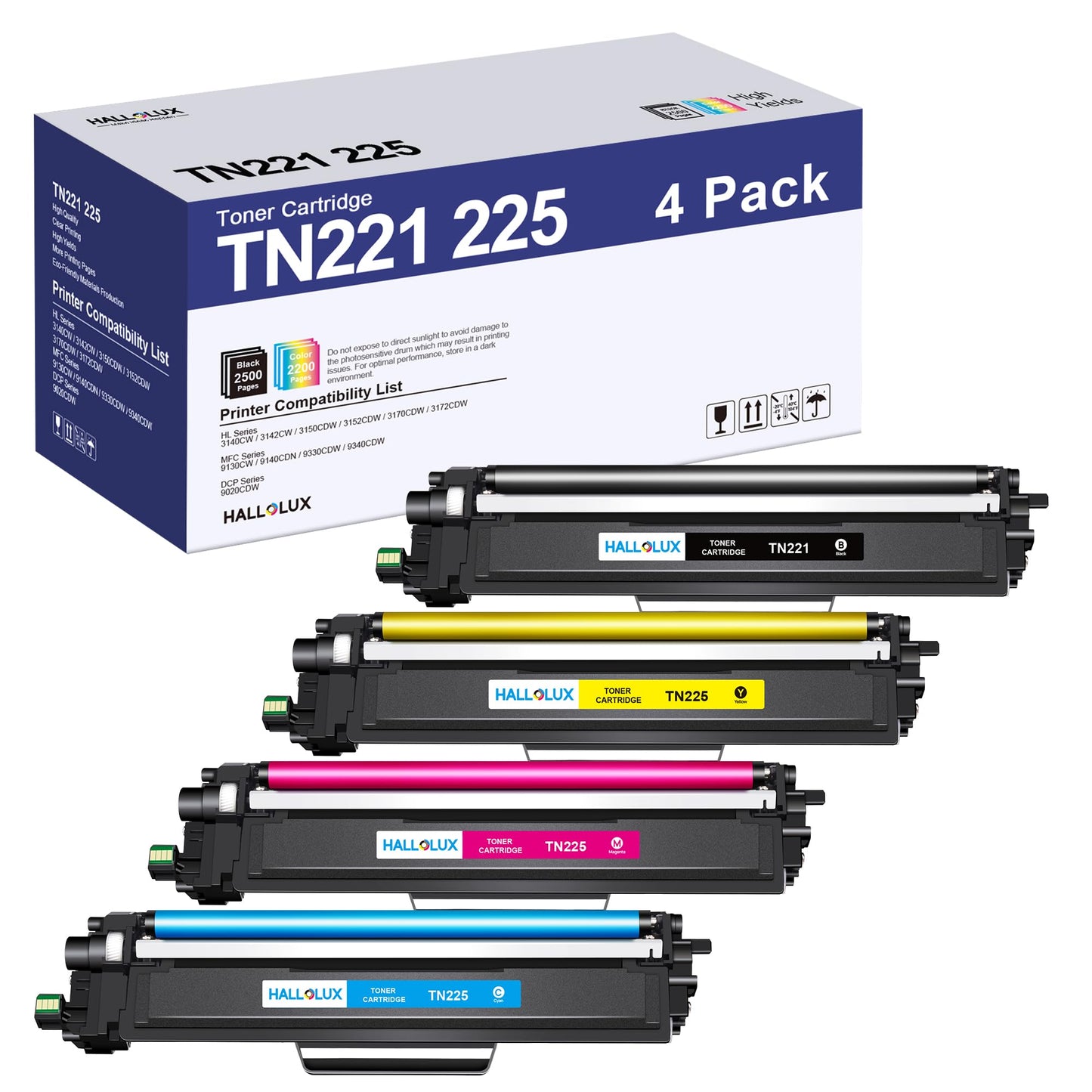 TN221 TN225 Toner Cartridge High Yield (with chip) 4 Pack for TN-221 TN-225 TN 221/225 Replacement to use with HL-3170CDW HL-3180CDW MFC-9130CW MFC-9130CW MFC-9330CDW MFC-9340CDW