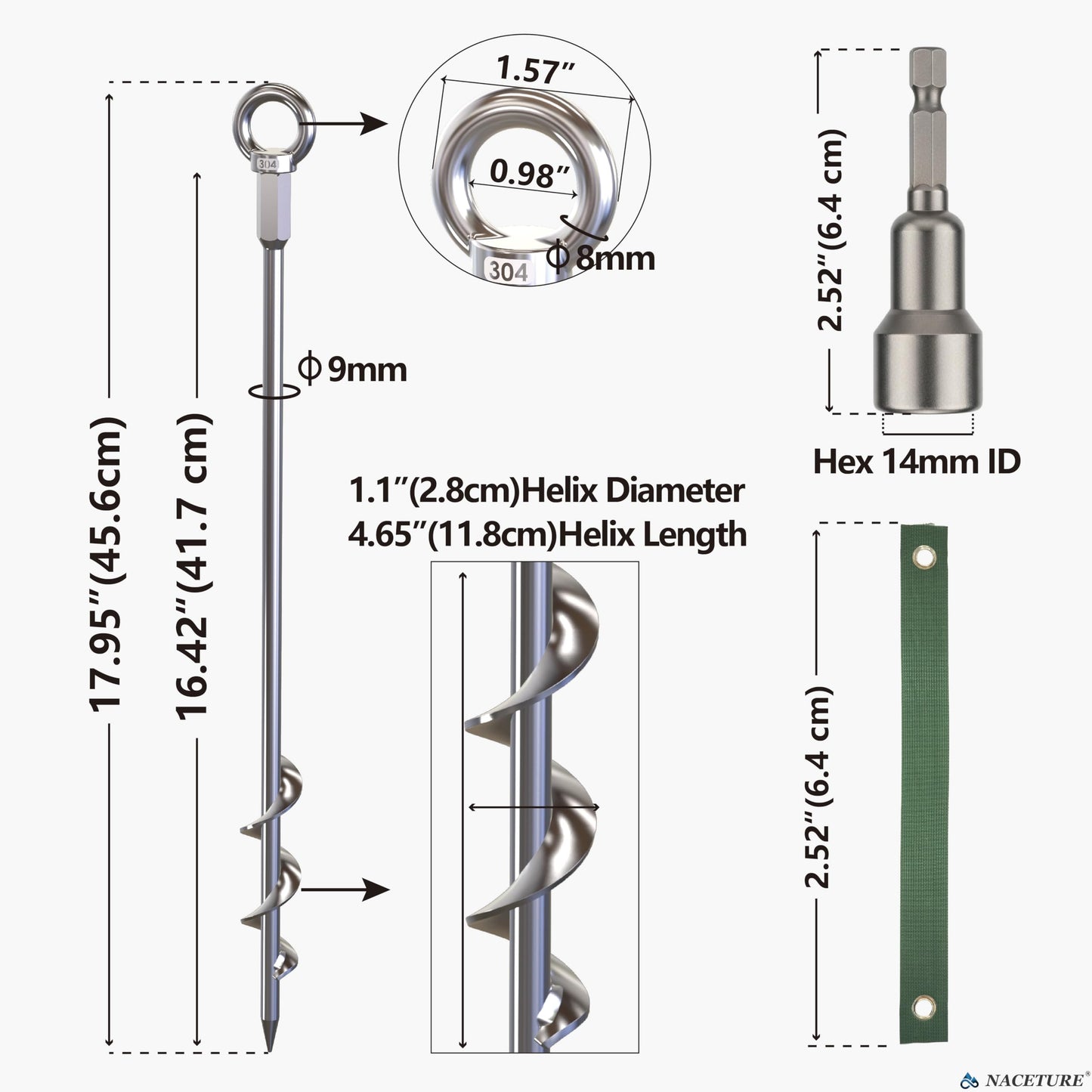 NACETURE 18-Inch Heavy Duty Ground Anchors Screw in, 4 Pack Earth Anchor Kit with Manual & Power Wrench, Tie-Down Straps and Stainless Steel Eye Bolts for Trampoline, Swing Set, Shed, Tent and Canopy